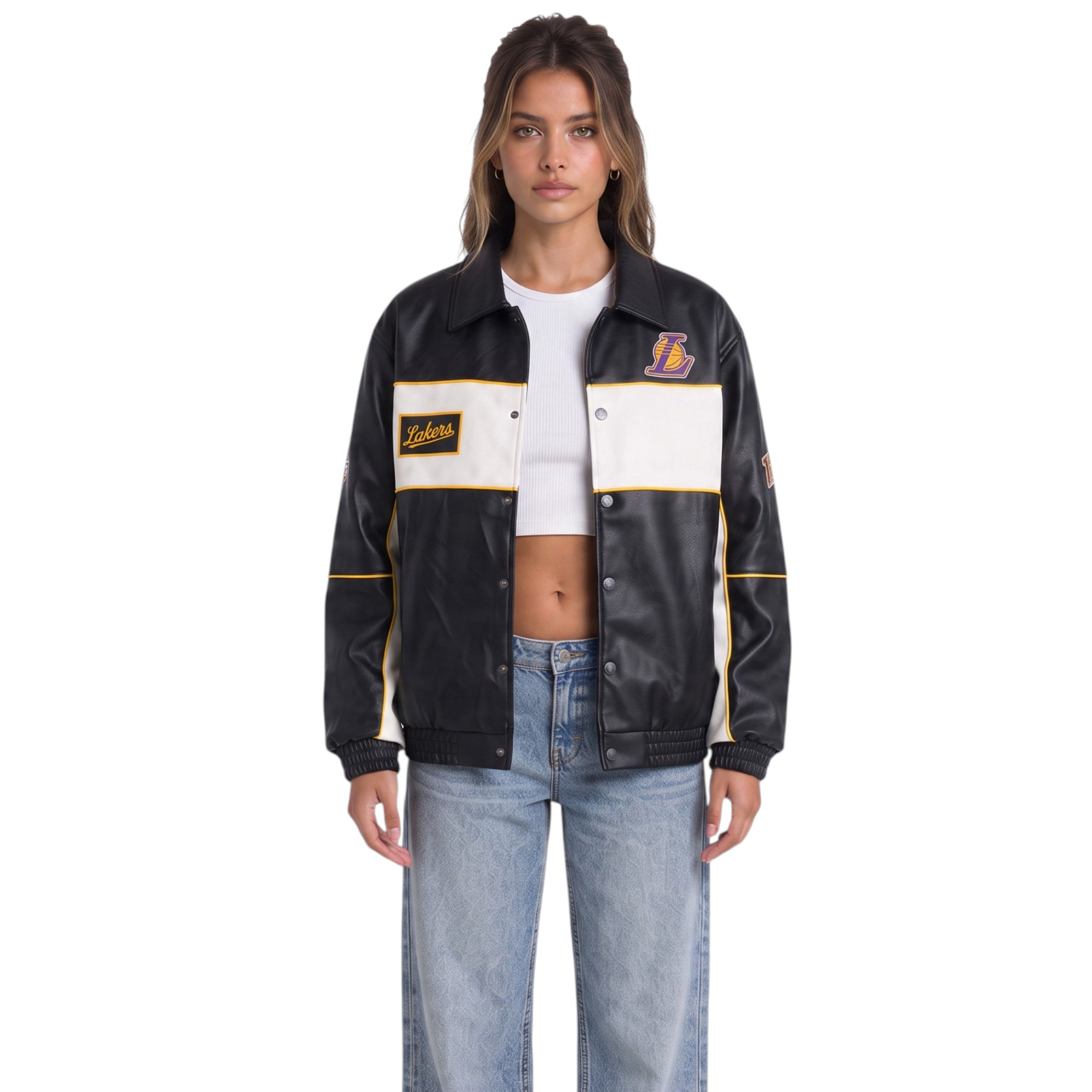 Women's The Wild Collective Black Los Angeles Lakers Faux Leather Racing Full-Snap Jacket