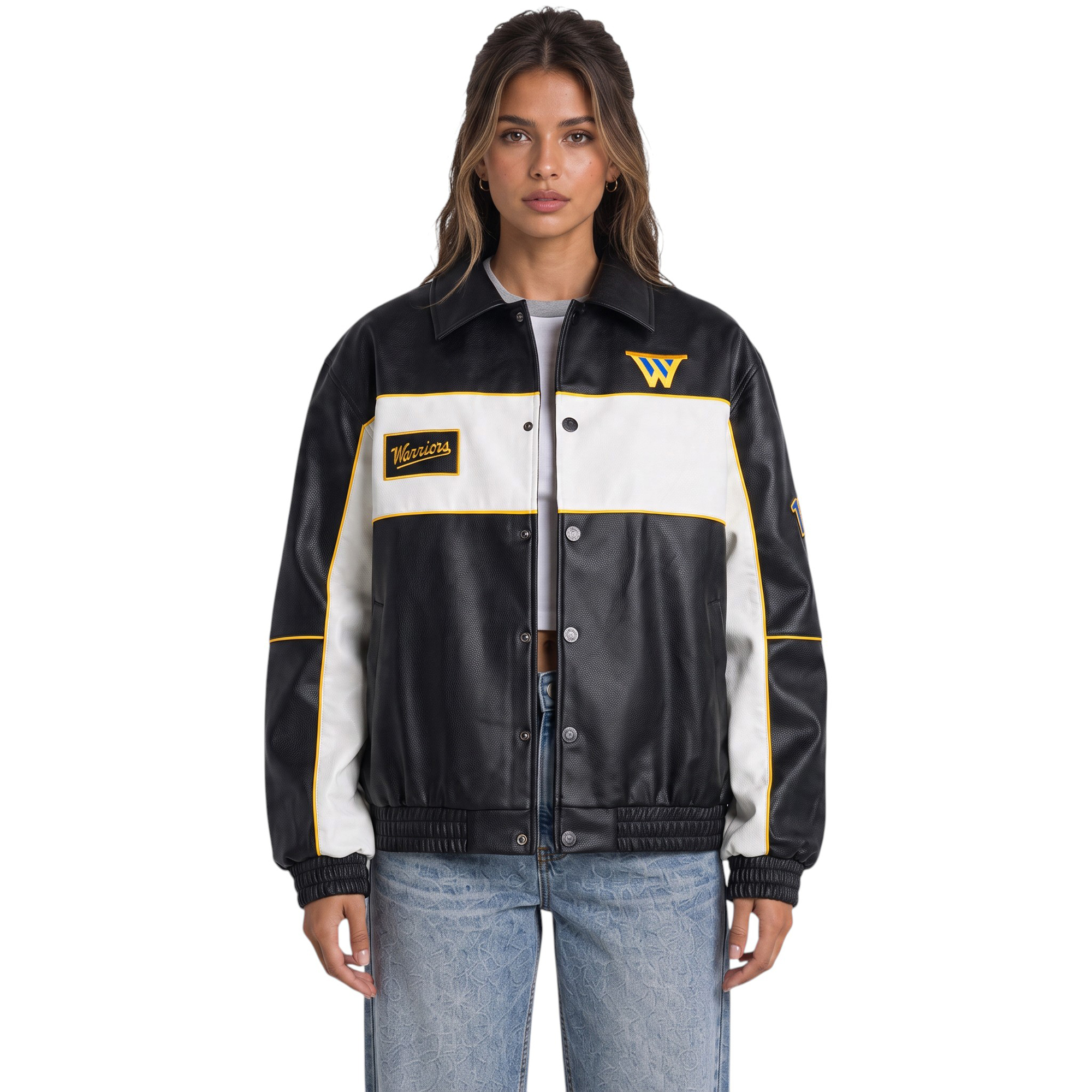 Women's The Wild Collective  Black Golden State Warriors Faux Leather Racing Full-Snap Jacket