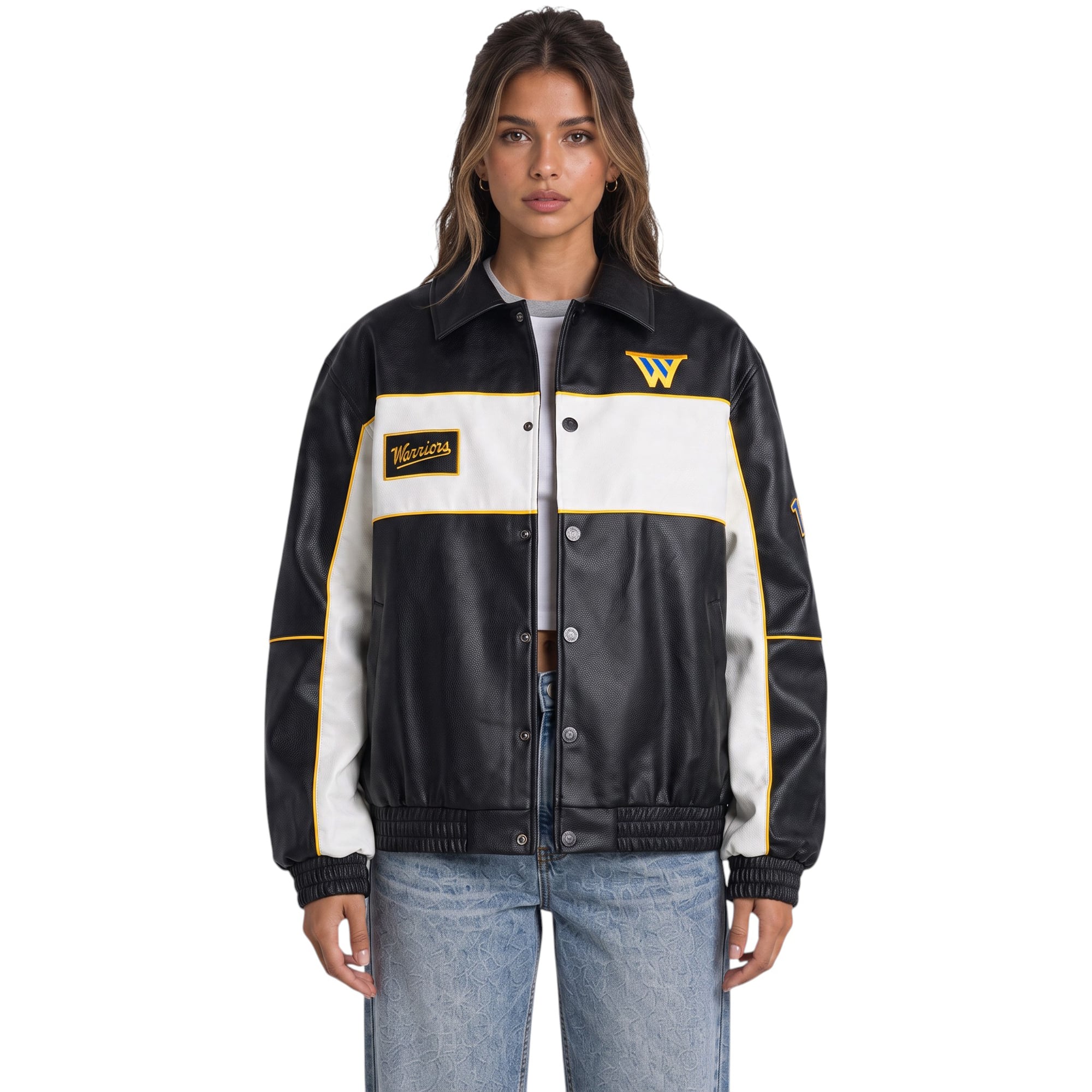 Women's The Wild Collective  Black Golden State Warriors Faux Leather Racing Full-Snap Jacket