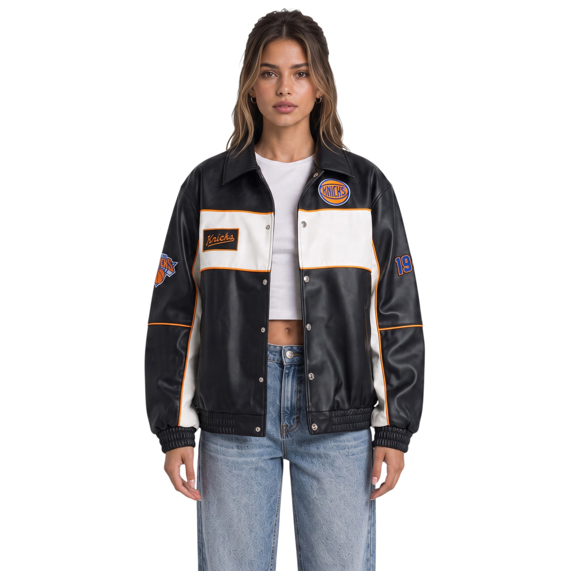 Women's The Wild Collective Black New York Knicks Faux Leather Racing Full-Snap Jacket