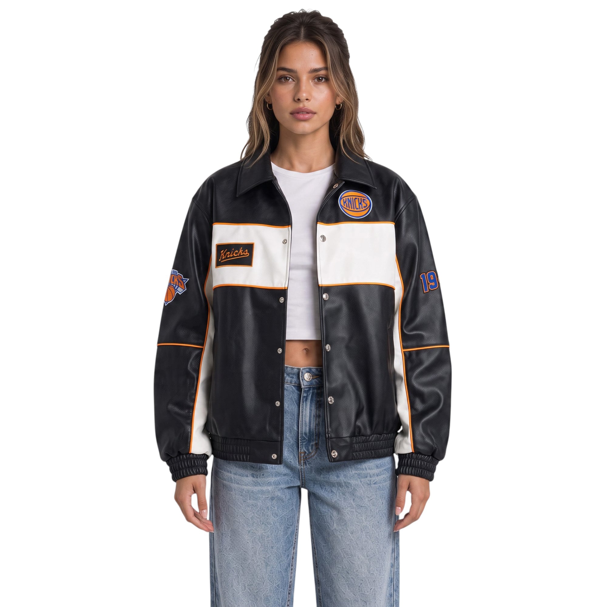 Women's The Wild Collective  Black New York Knicks Faux Leather Racing Full-Snap Jacket