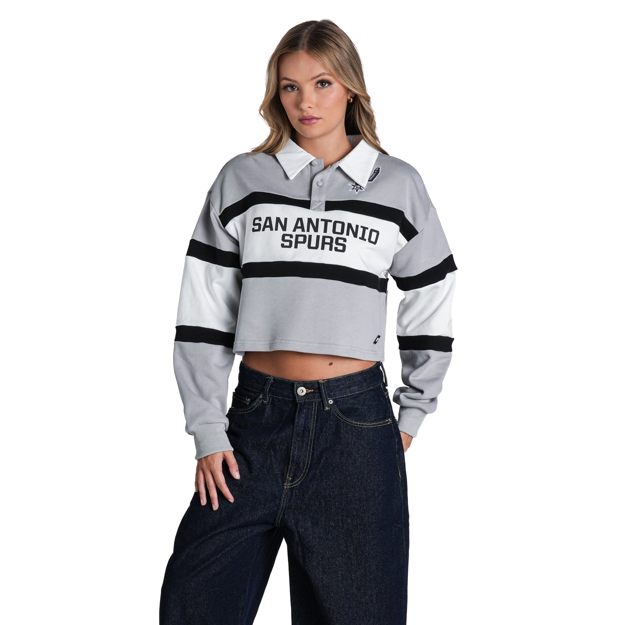 Women's The Wild Collective Silver San Antonio Spurs Long Sleeve Crop Polo