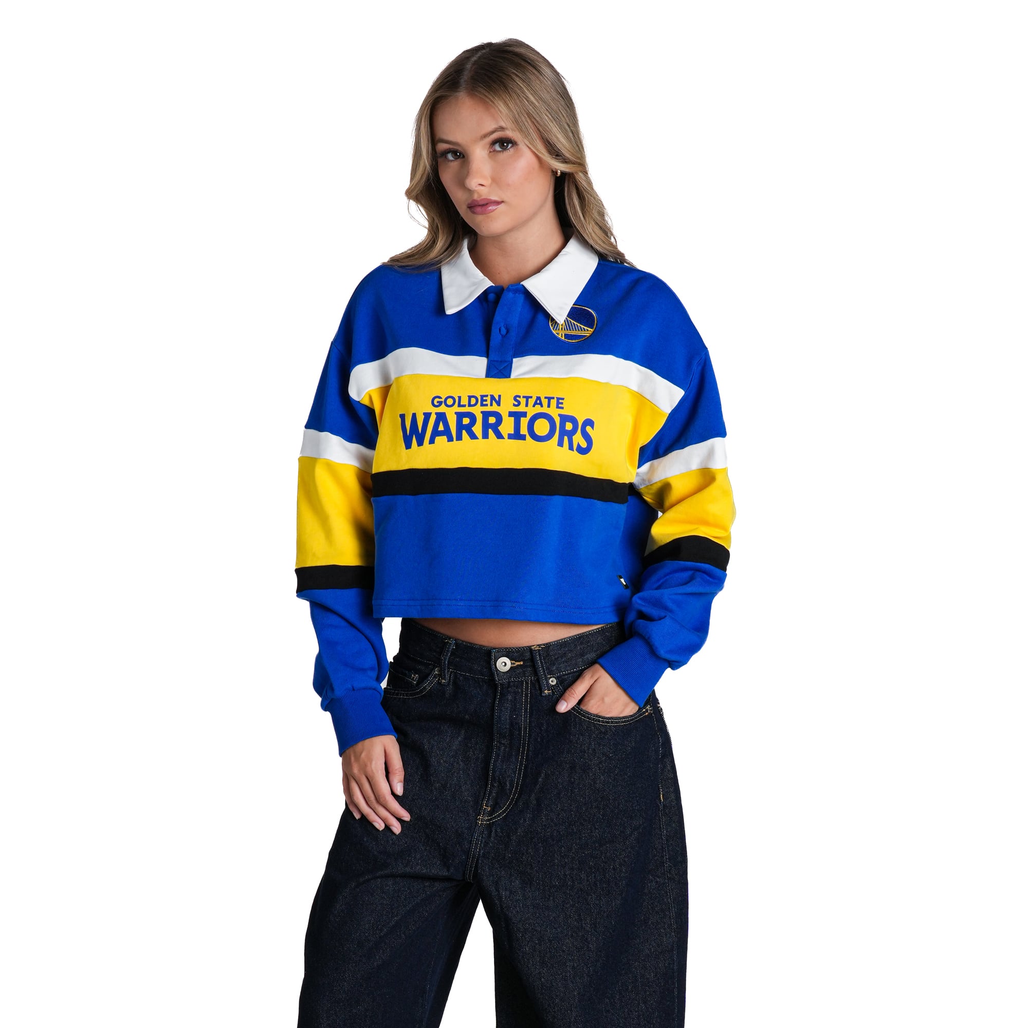 Women's The Wild Collective Royal Golden State Warriors Long Sleeve Crop Polo