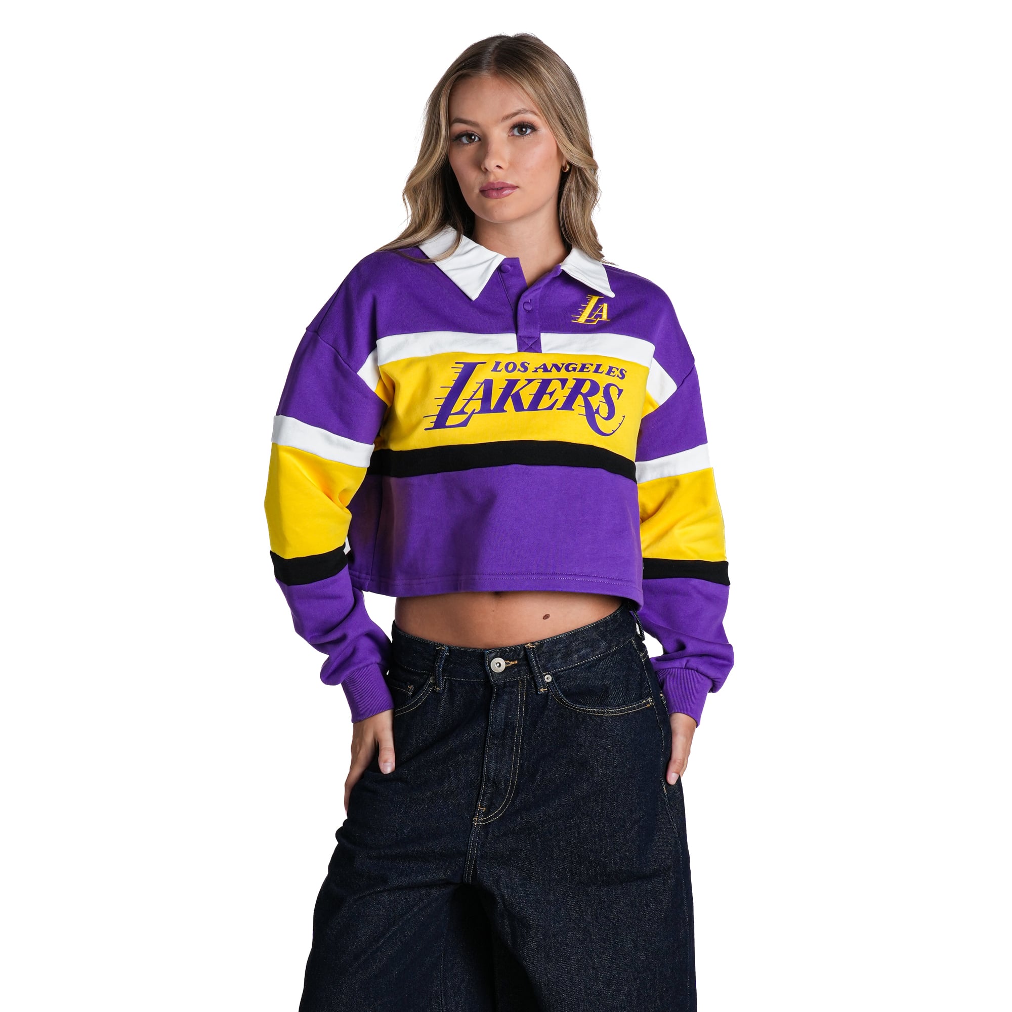 Women's The Wild Collective Purple Los Angeles Lakers Long Sleeve Crop Polo