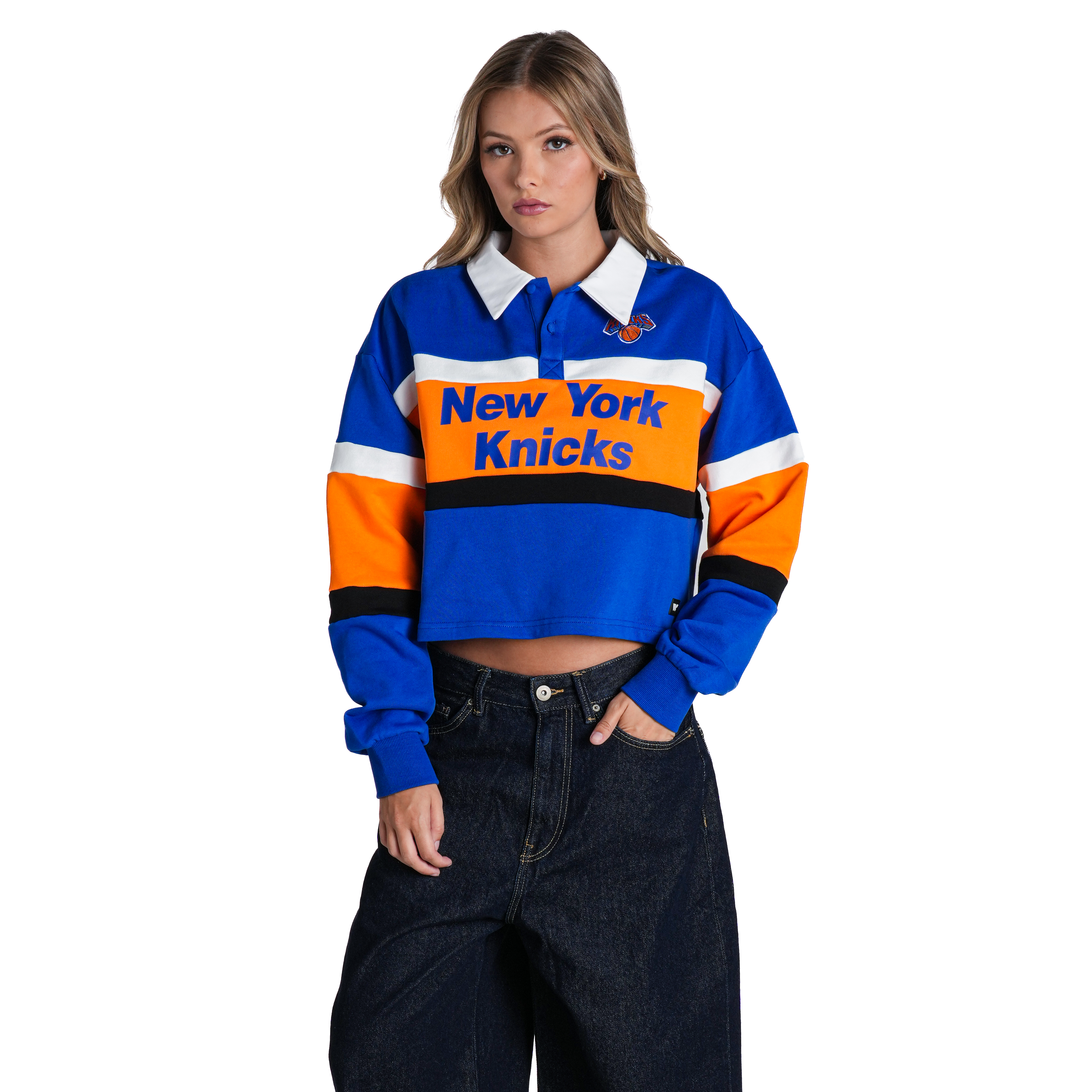 Women's The Wild Collective Blue New York Knicks Long Sleeve Crop Polo