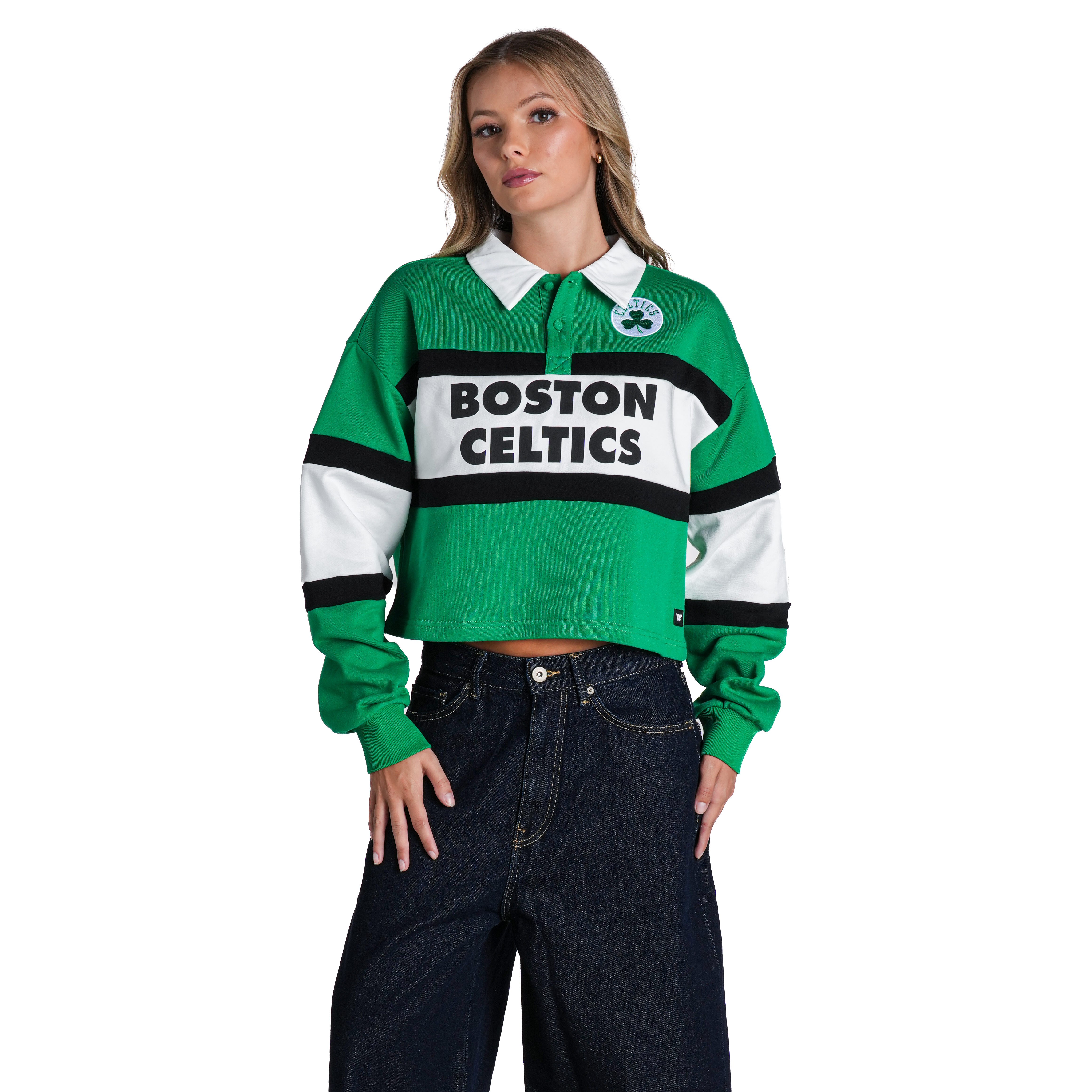 Women's The Wild Collective Kelly Green Boston Celtics Long Sleeve Crop Polo