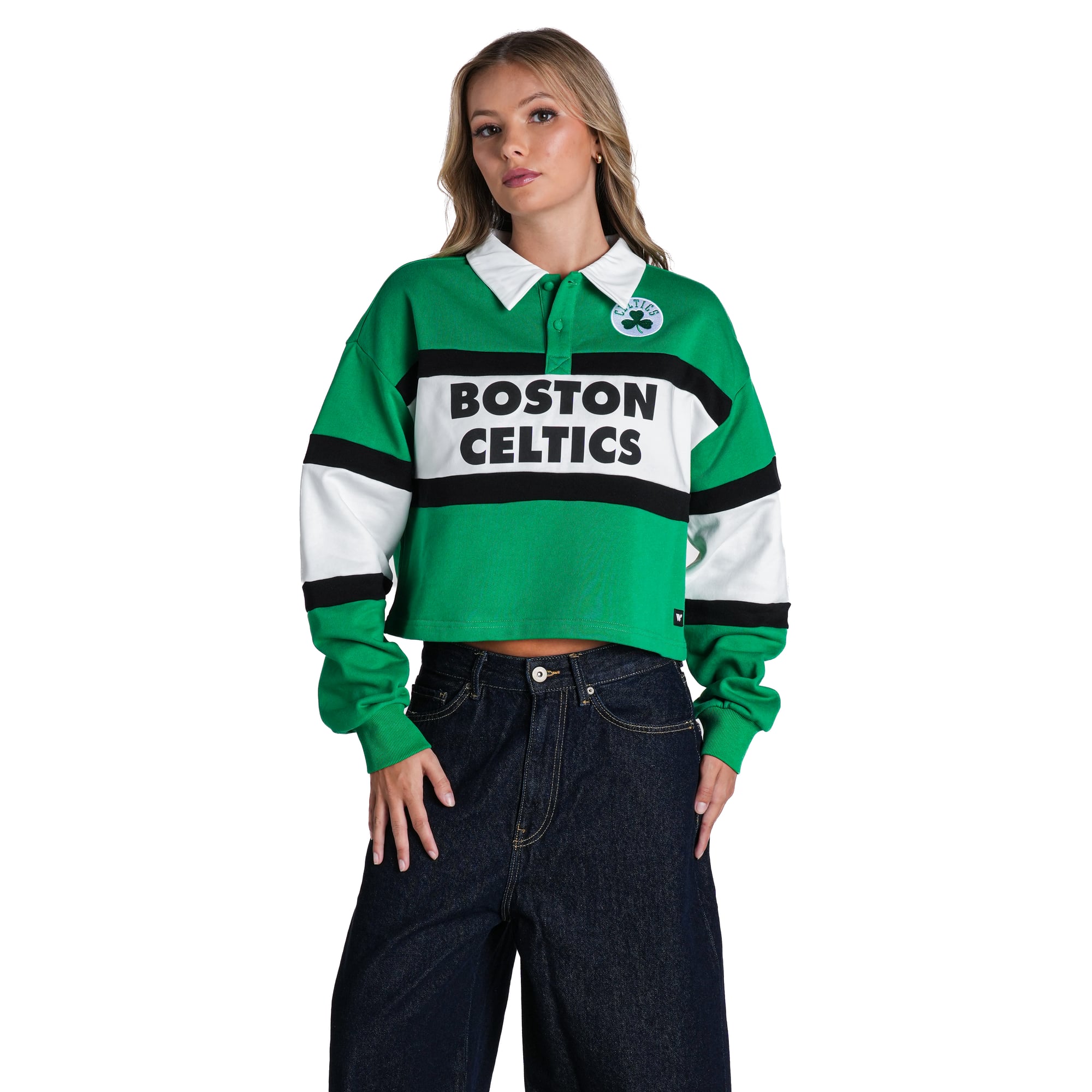 Women's The Wild Collective Kelly Green Boston Celtics Long Sleeve Crop Polo