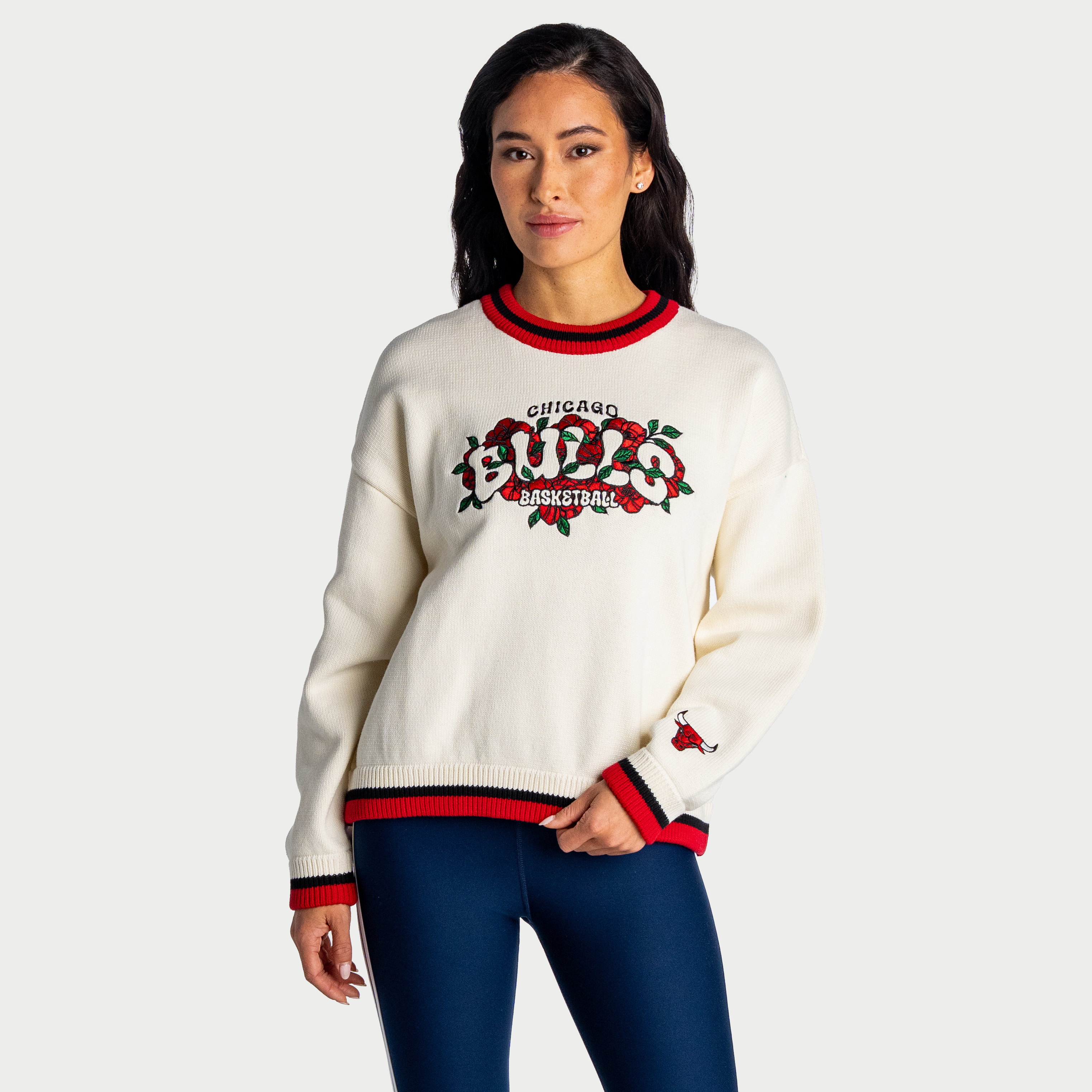 Women's The Wild Collective Cream Chicago Bulls Boxy Crew Jacquard Sweater