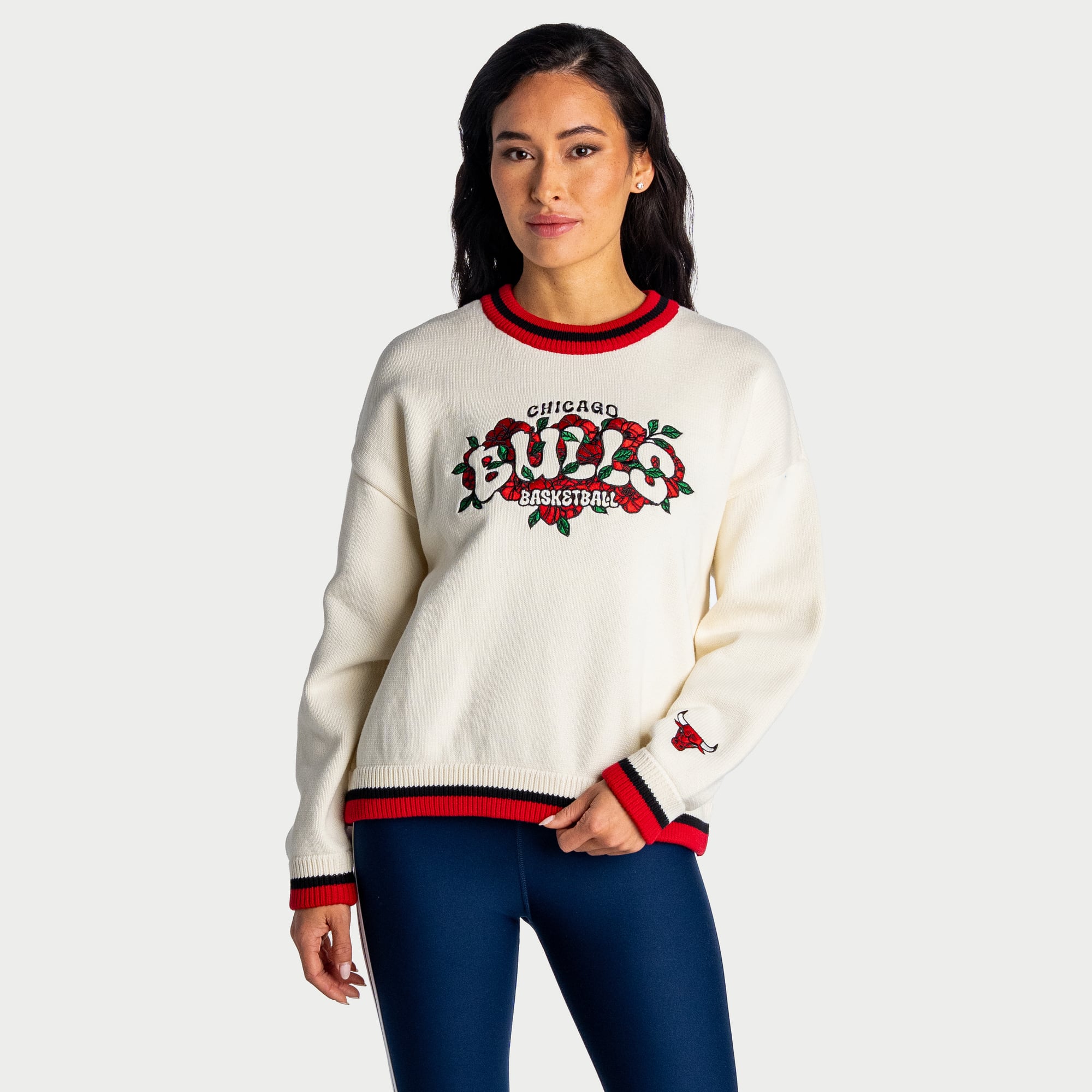 Women's The Wild Collective  Cream Chicago Bulls Boxy Crew Jacquard Sweater