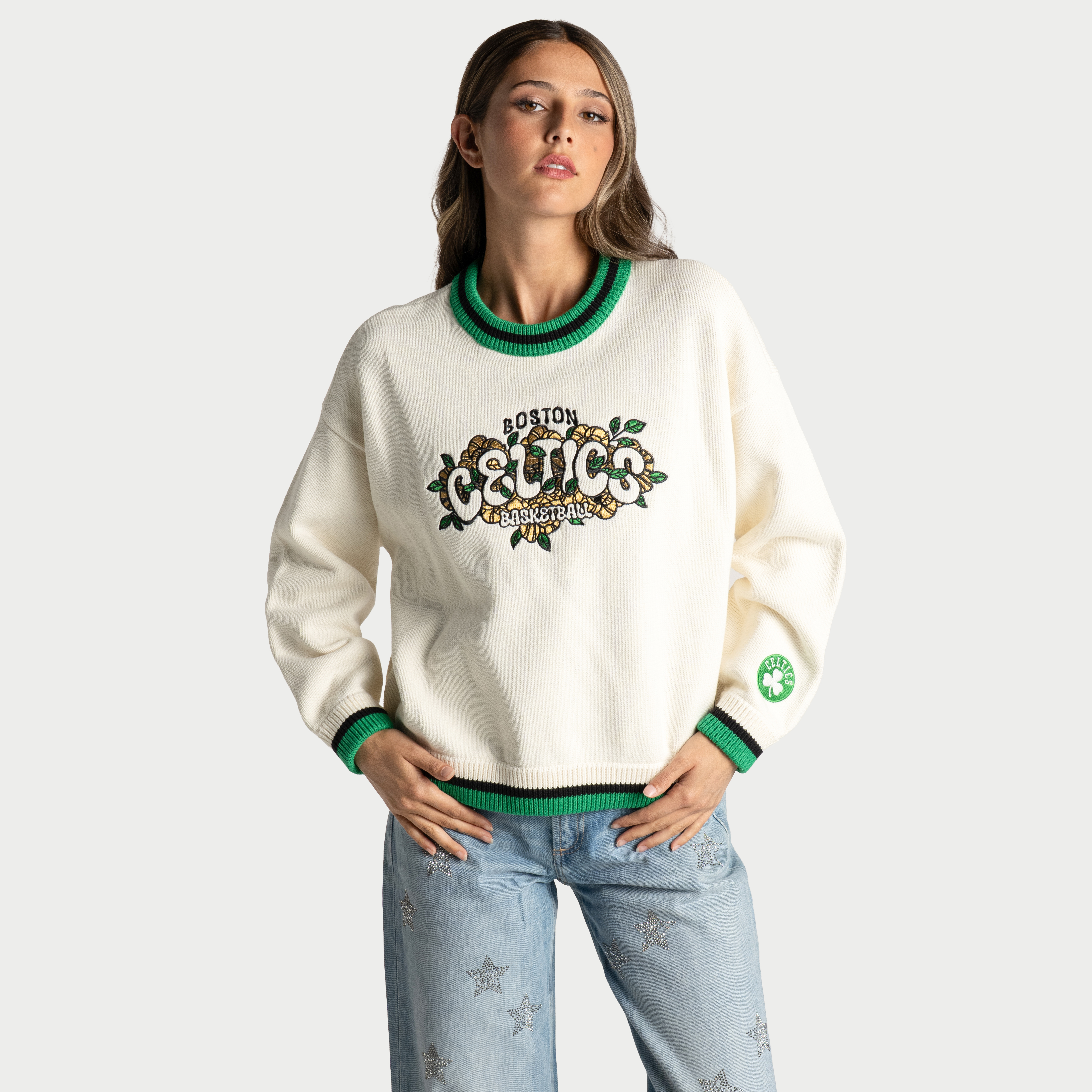 Women's The Wild Collective  Cream Boston Celtics Boxy Crew Jacquard Sweater