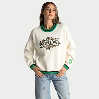 Women's The Wild Collective  Cream Boston Celtics Boxy Crew Jacquard Sweater