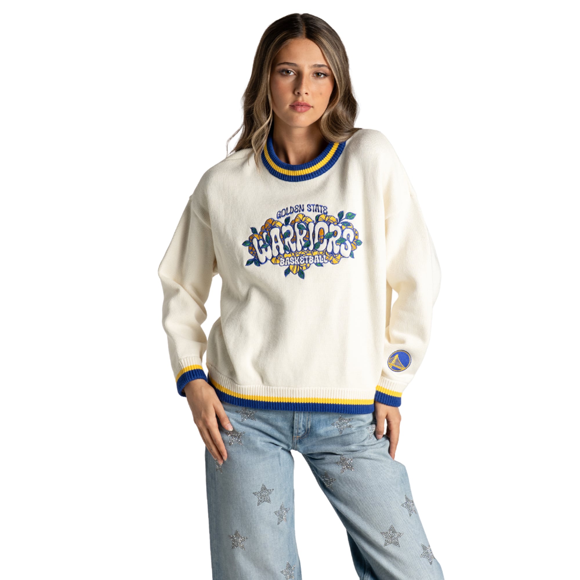 Women's The Wild Collective  Cream Golden State Warriors Boxy Crew Jacquard Sweater