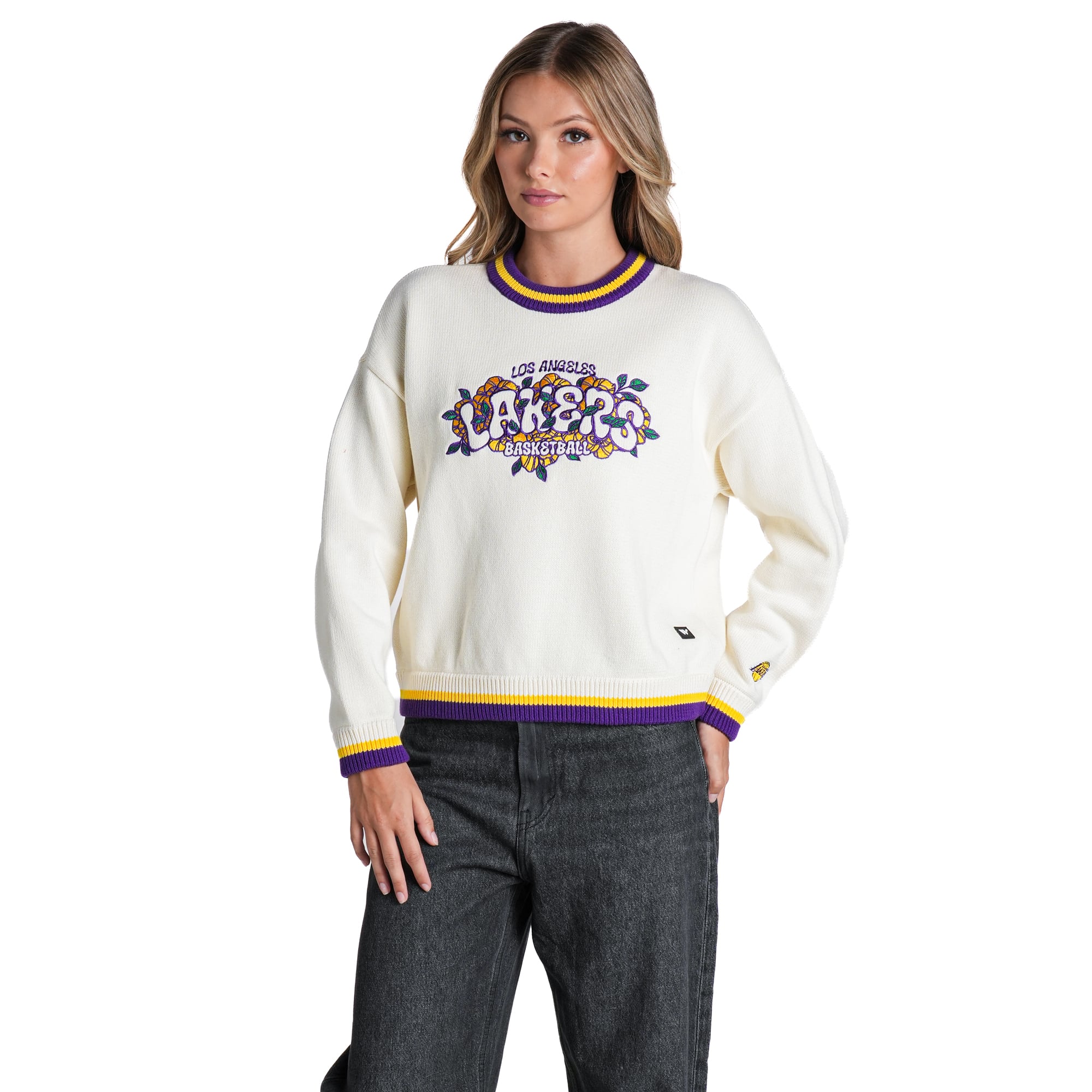 Women's The Wild Collective  Cream Los Angeles Lakers Boxy Crew Jacquard Sweater