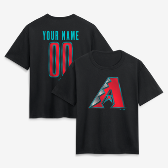 Women's Black Arizona Diamondbacks Metallic Mascot Personalized Name & Number T-Shirt
