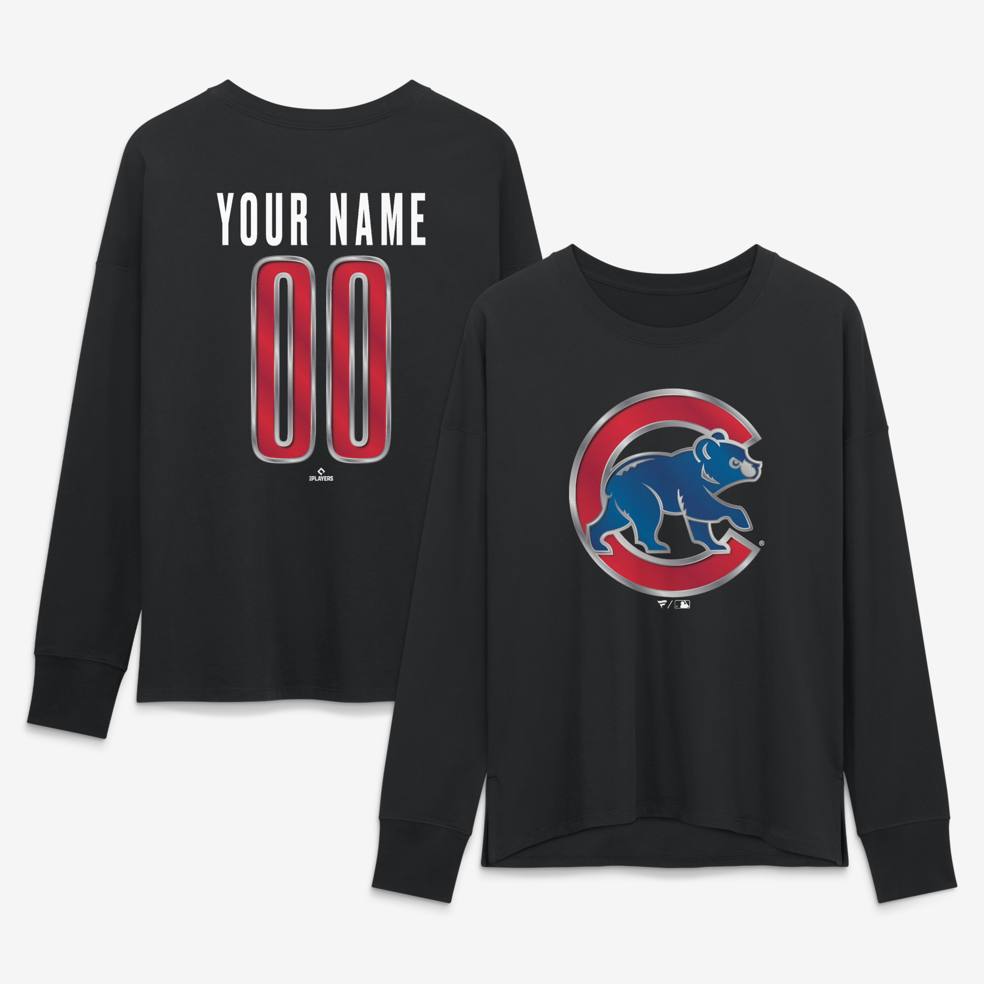 Women’s Black Chicago Cubs Metallic Mascot Personalized Name & Number Long Sleeve T-Shirt