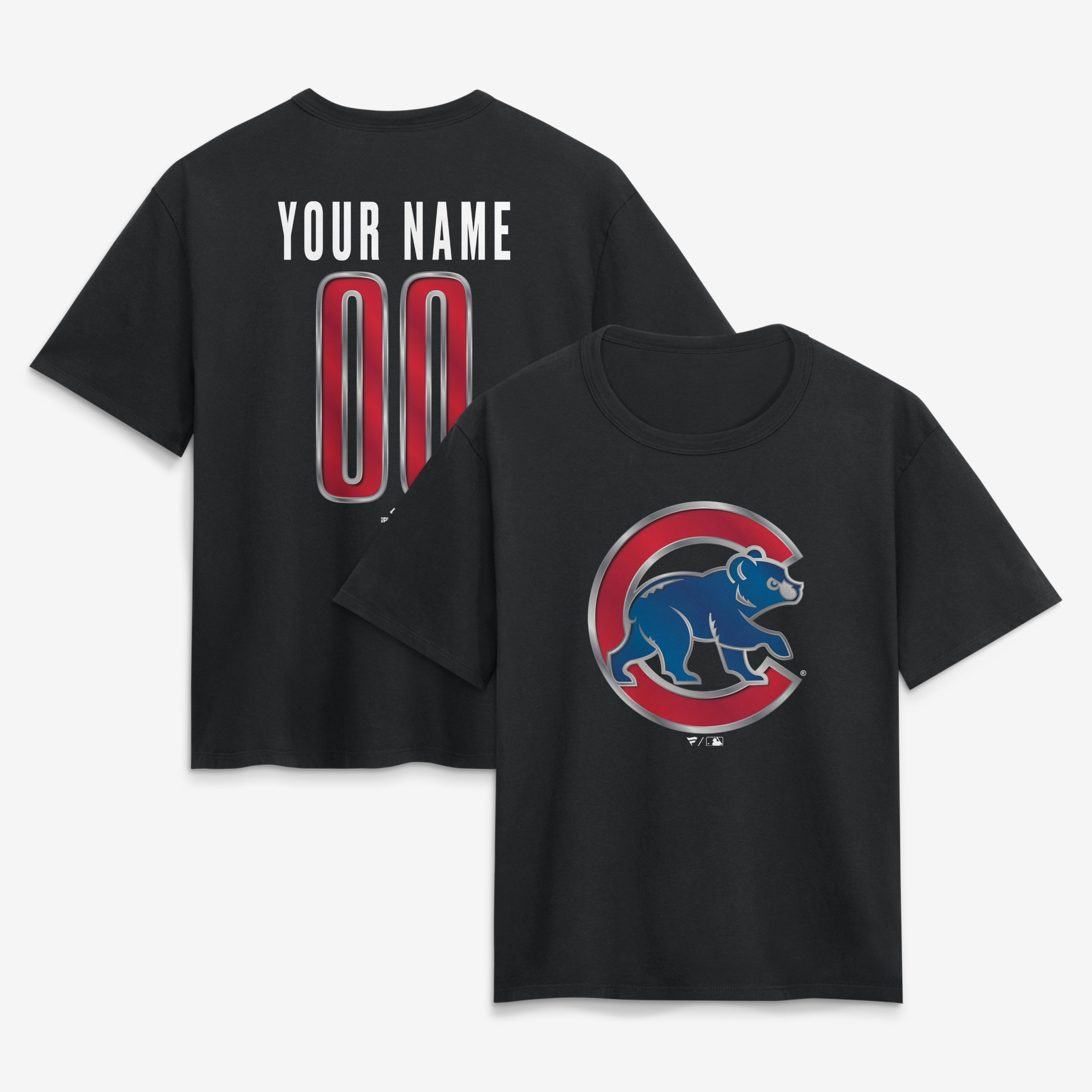 Women’s Black Chicago Cubs Metallic Mascot Personalized Name & Number T-Shirt
