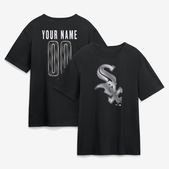 Men's Black Chicago White Sox  Metallic Mascot Personalized Name & Number T-Shirt
