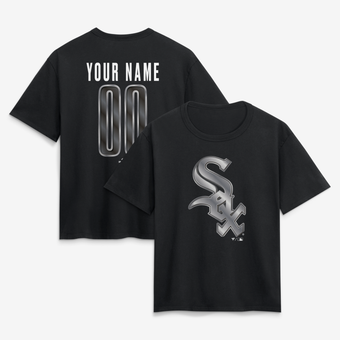 Women's Black Chicago White Sox Metallic Mascot Personalized Name & Number T-Shirt