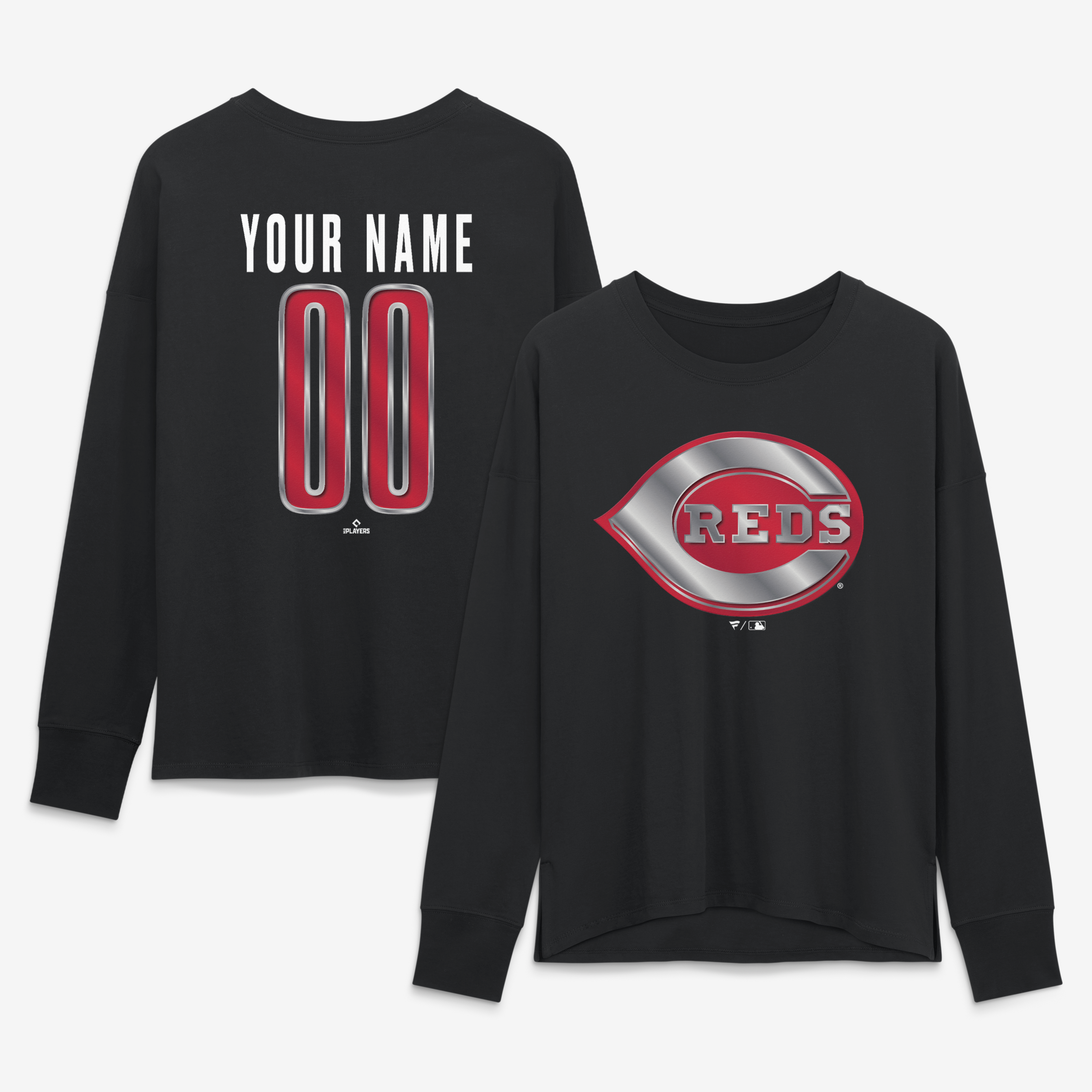 Women’s Black Cincinnati Reds Metallic Mascot Personalized Name & Number Long Sleeve T-Shirt