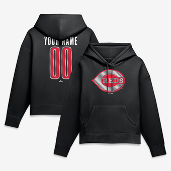 Women's Black Cincinnati Reds Metallic Mascot Personalized Name & Number Hoodie