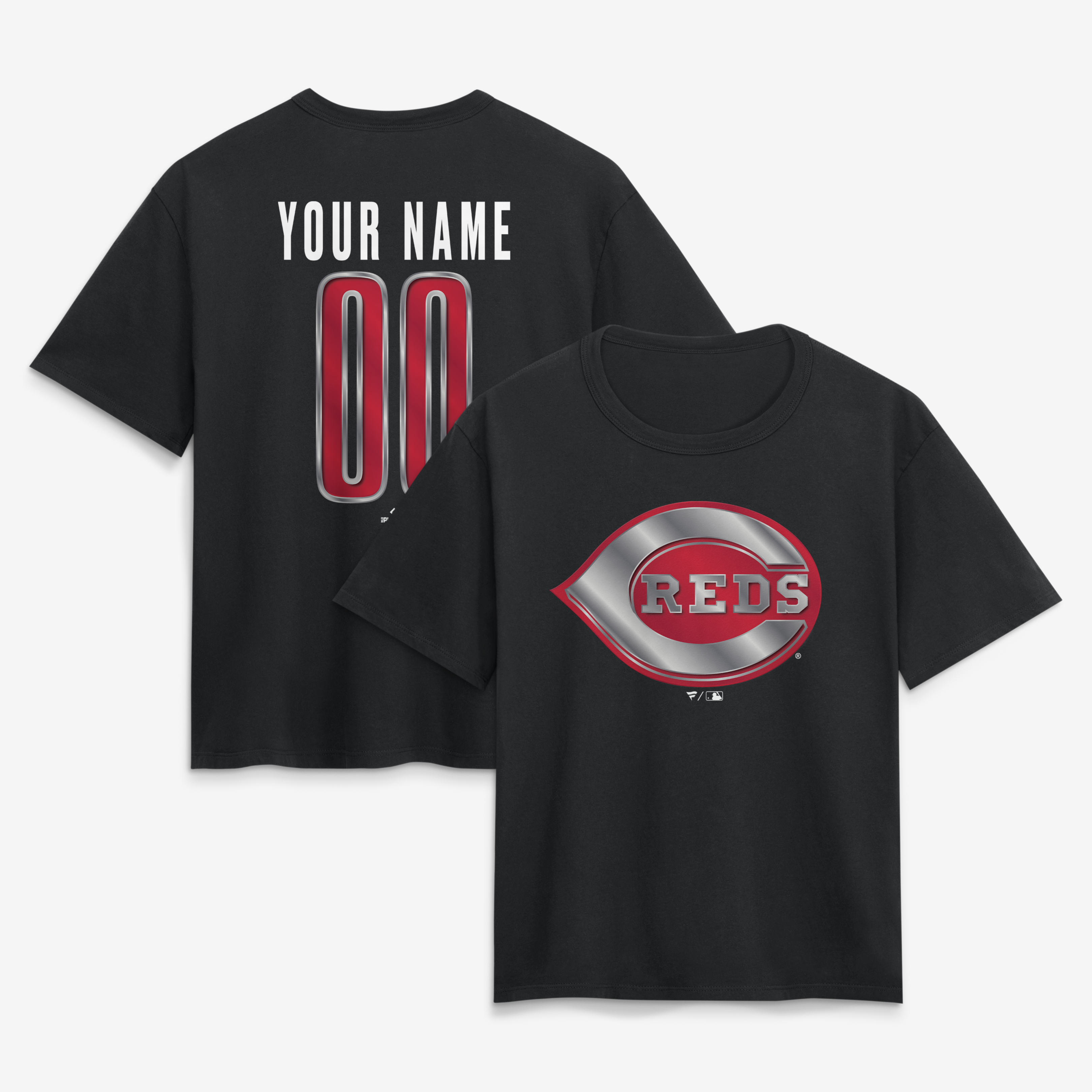 Women’s Black Cincinnati Reds Metallic Mascot Personalized Name & Number T-Shirt