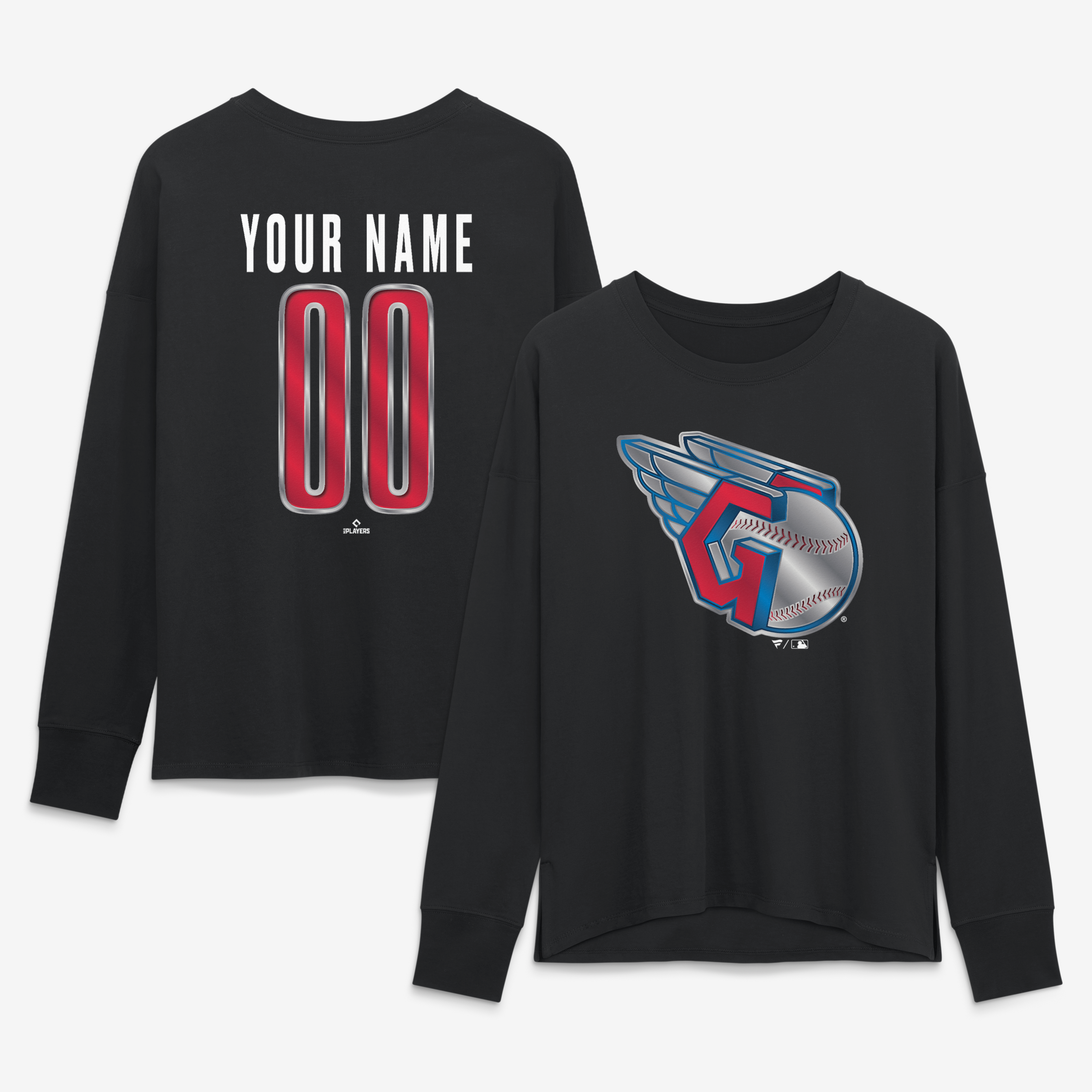 Women’s Black Cleveland Guardians Metallic Mascot Personalized Name & Number Long Sleeve T-Shirt