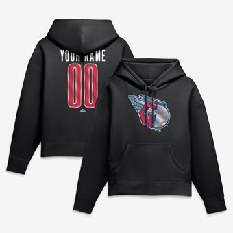 Women's Black Cleveland Guardians Metallic Mascot Personalized Name & Number Hoodie
