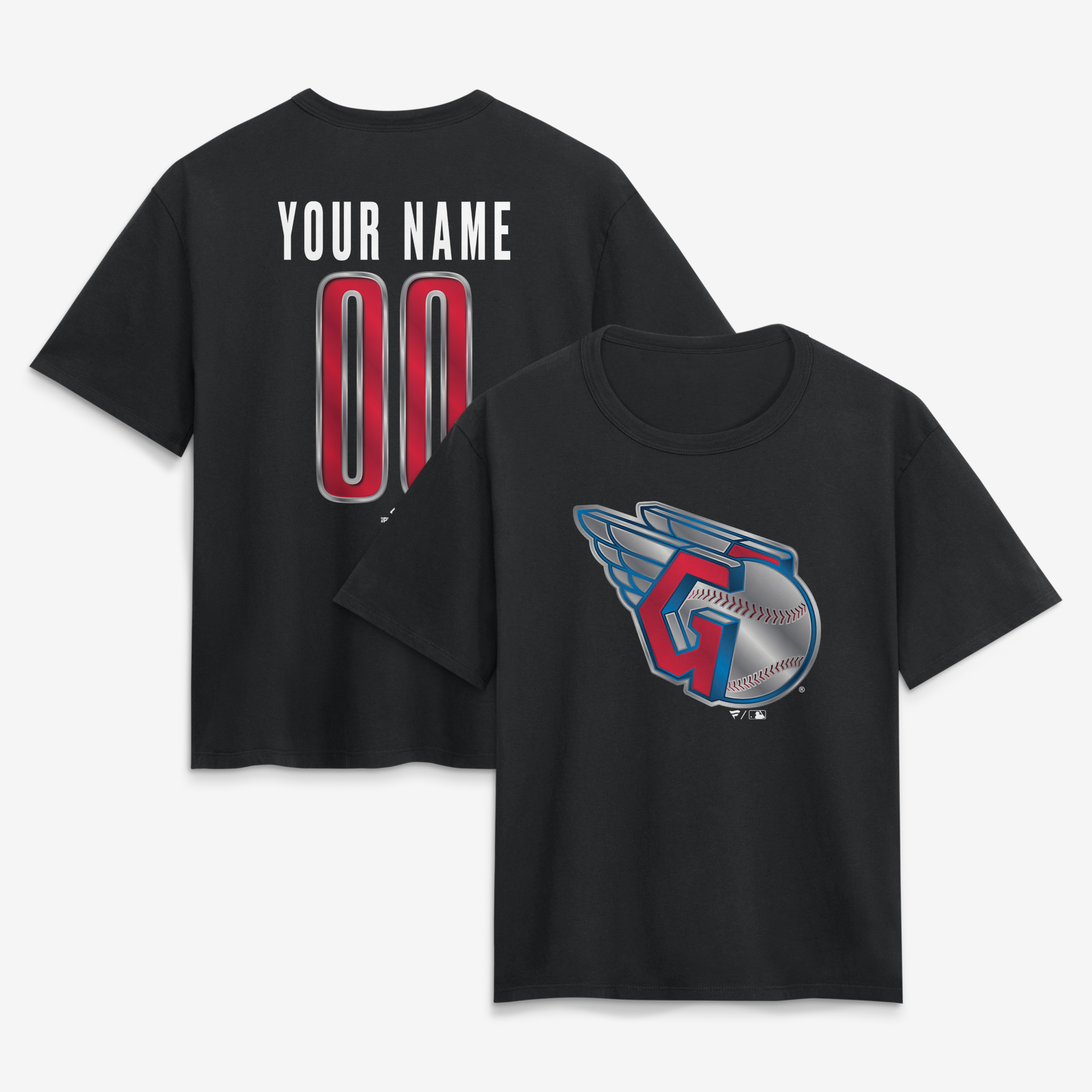 Women’s Black Cleveland Guardians Metallic Mascot Personalized Name & Number T-Shirt
