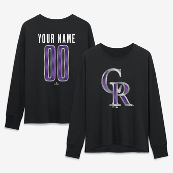 Women's Black Colorado Rockies Metallic Mascot Personalized Name & Number Long Sleeve T-Shirt