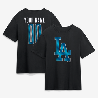 Men's Black Los Angeles Dodgers  Metallic Mascot Personalized Name & Number T-Shirt
