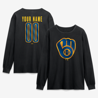 Men's Black Milwaukee Brewers  Metallic Mascot Personalized Name & Number Long Sleeve T-Shirt