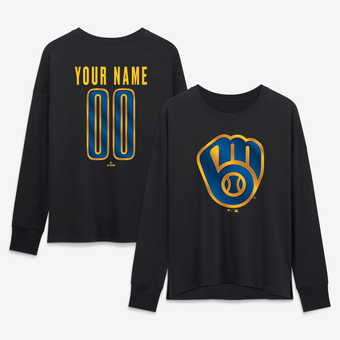 Women's Black Milwaukee Brewers Metallic Mascot Personalized Name & Number Long Sleeve T-Shirt