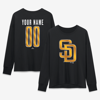Women's Black San Diego Padres Metallic Mascot Personalized Name & Number Long Sleeve T-Shirt