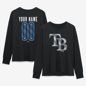 Women's Black Tampa Bay Rays Metallic Mascot Personalized Name & Number Long Sleeve T-Shirt