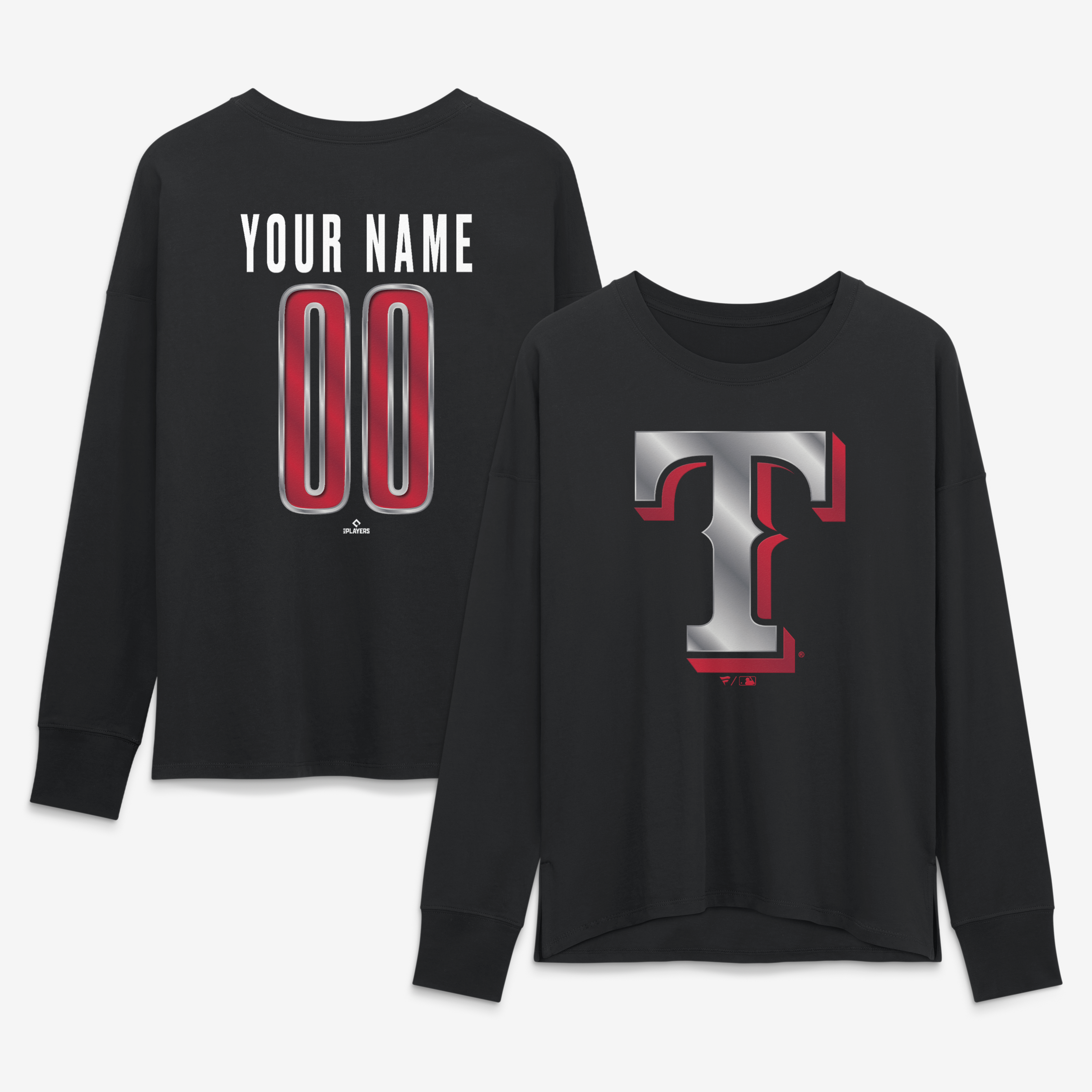 Women’s Black Texas Rangers Metallic Mascot Personalized Name & Number Long Sleeve T-Shirt