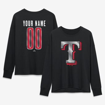 Women's Black Texas Rangers Metallic Mascot Personalized Name & Number Long Sleeve T-Shirt