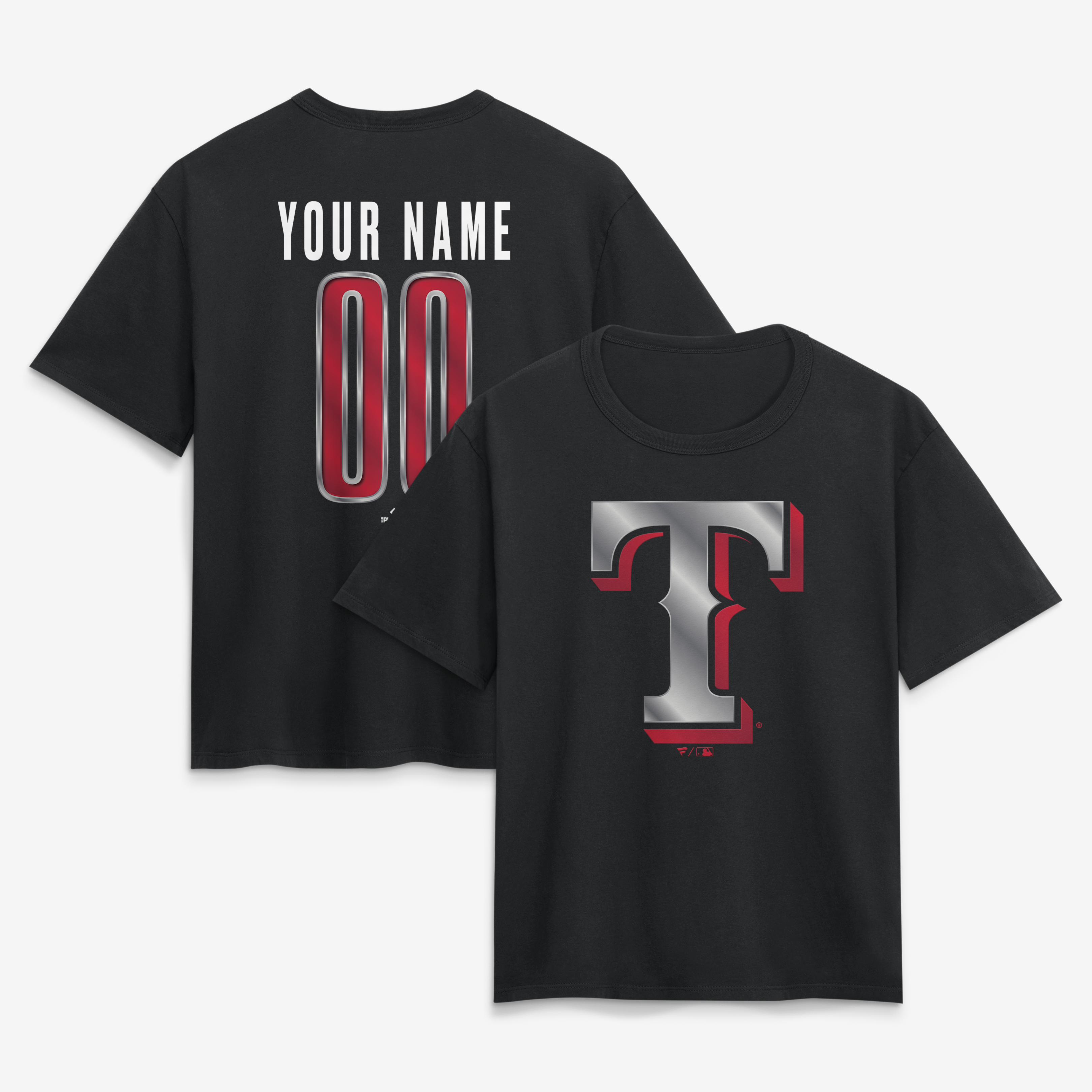 Women’s Black Texas Rangers Metallic Mascot Personalized Name & Number T-Shirt