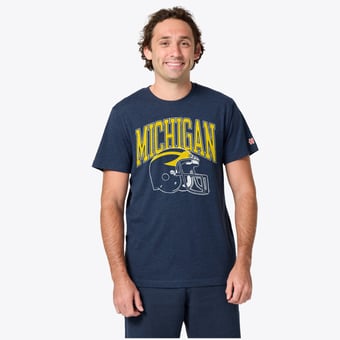 Unisex Homage Navy Michigan Wolverines Helmet Tri-Blend T-Shirt