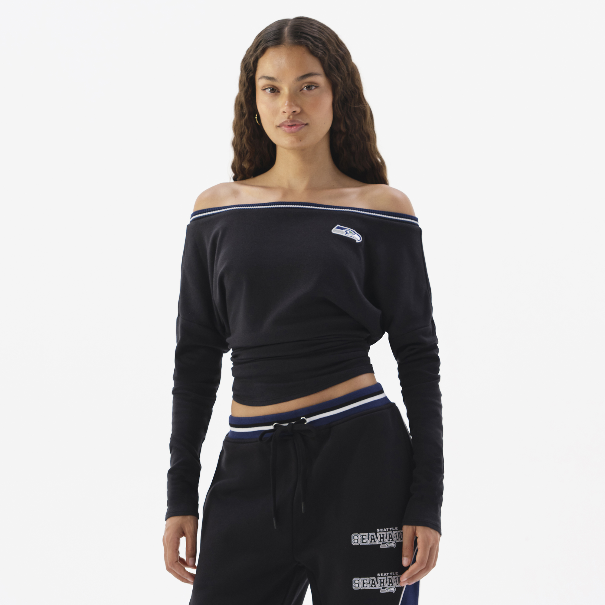 Women's Black Seattle Seahawks Off The Shoulder Long Sleeve Top