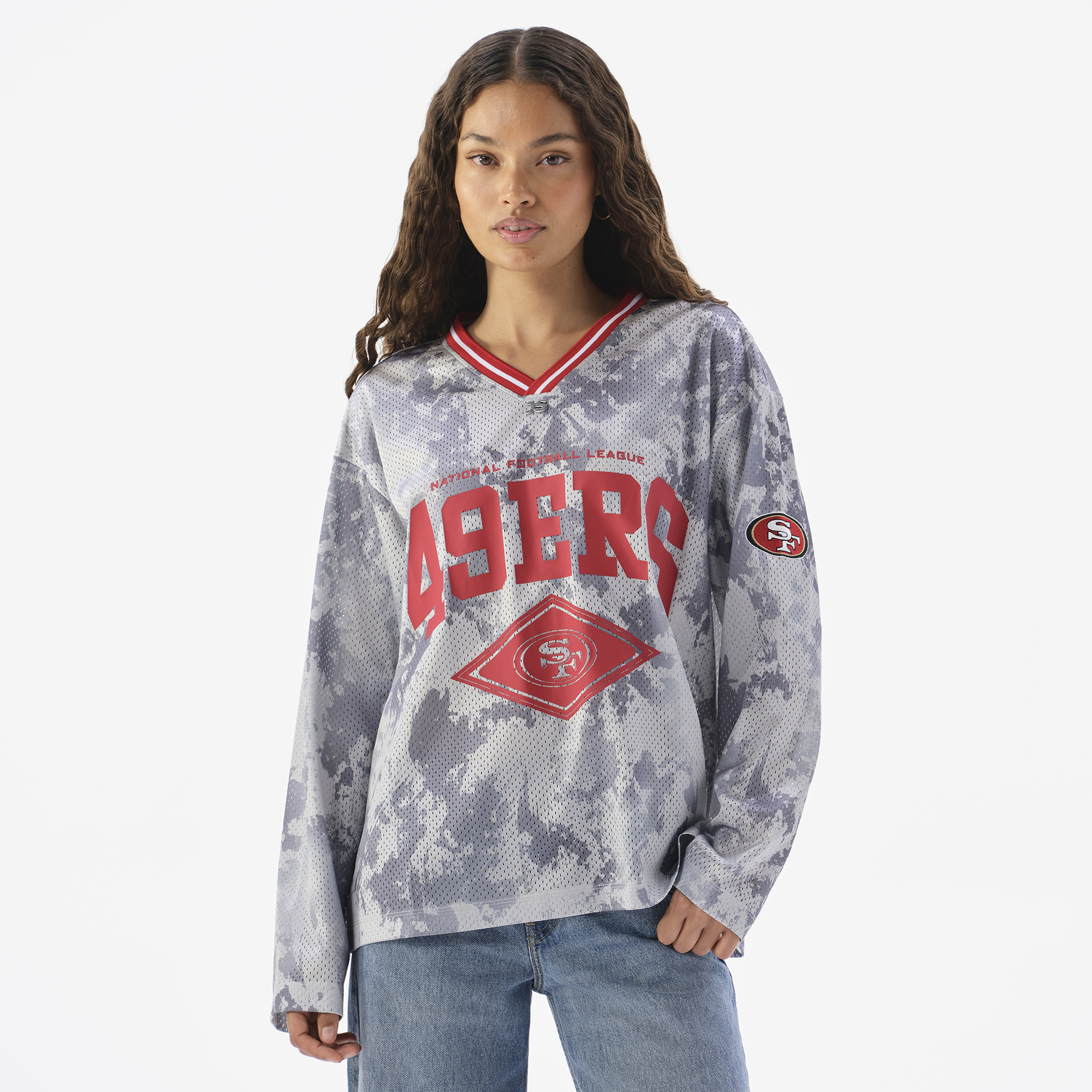 Women's  Gray San Francisco 49ers Camo Mesh Long Sleeve V-Neck Top
