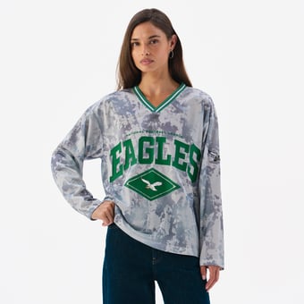 Women's  Gray Philadelphia Eagles Camo Mesh Long Sleeve V-Neck Top
