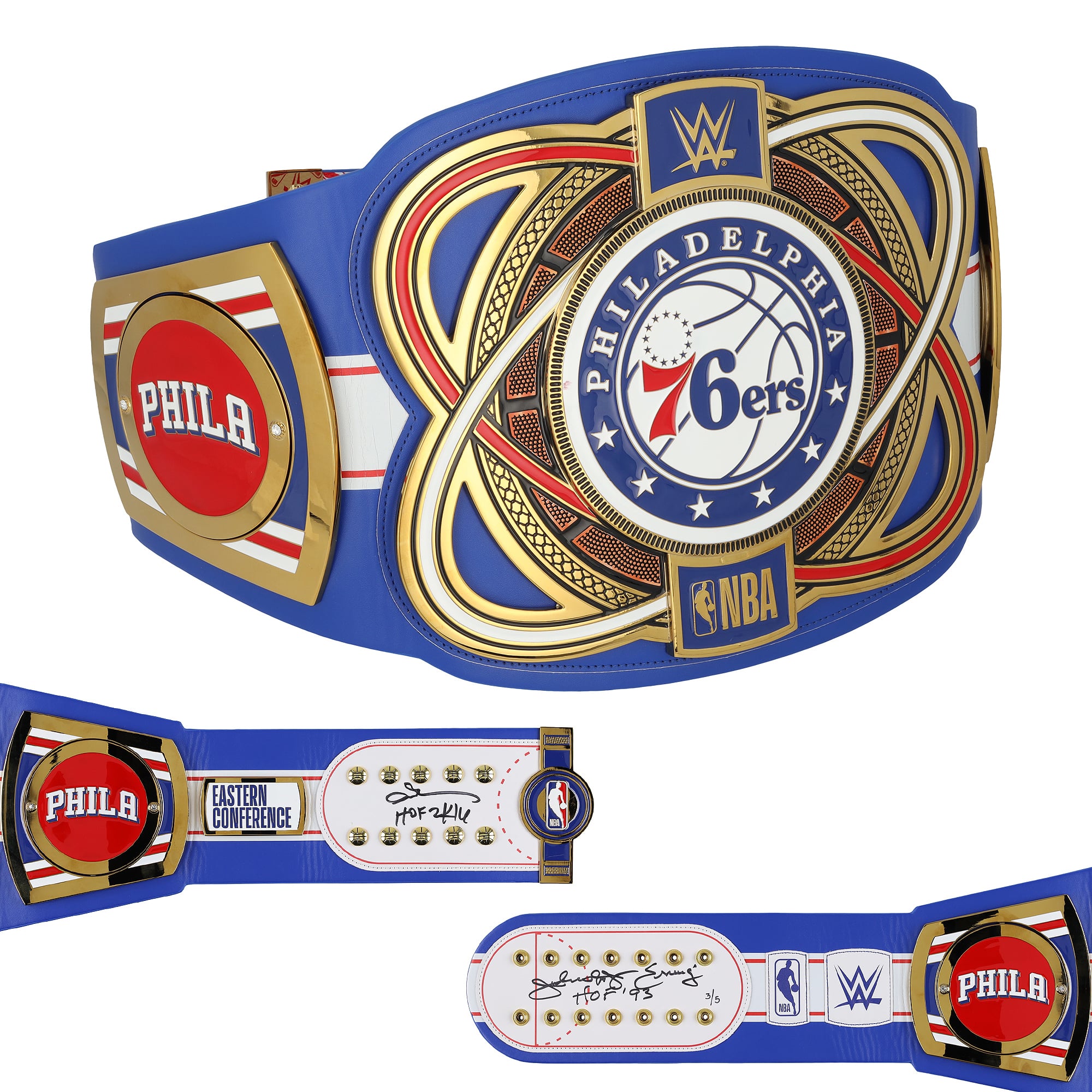 Julius Erving & Allen Iverson Philadelphia 76ers Autographed WWE Legacy Title Belt with "HOF" Inscriptions - Limited Edition #5/5