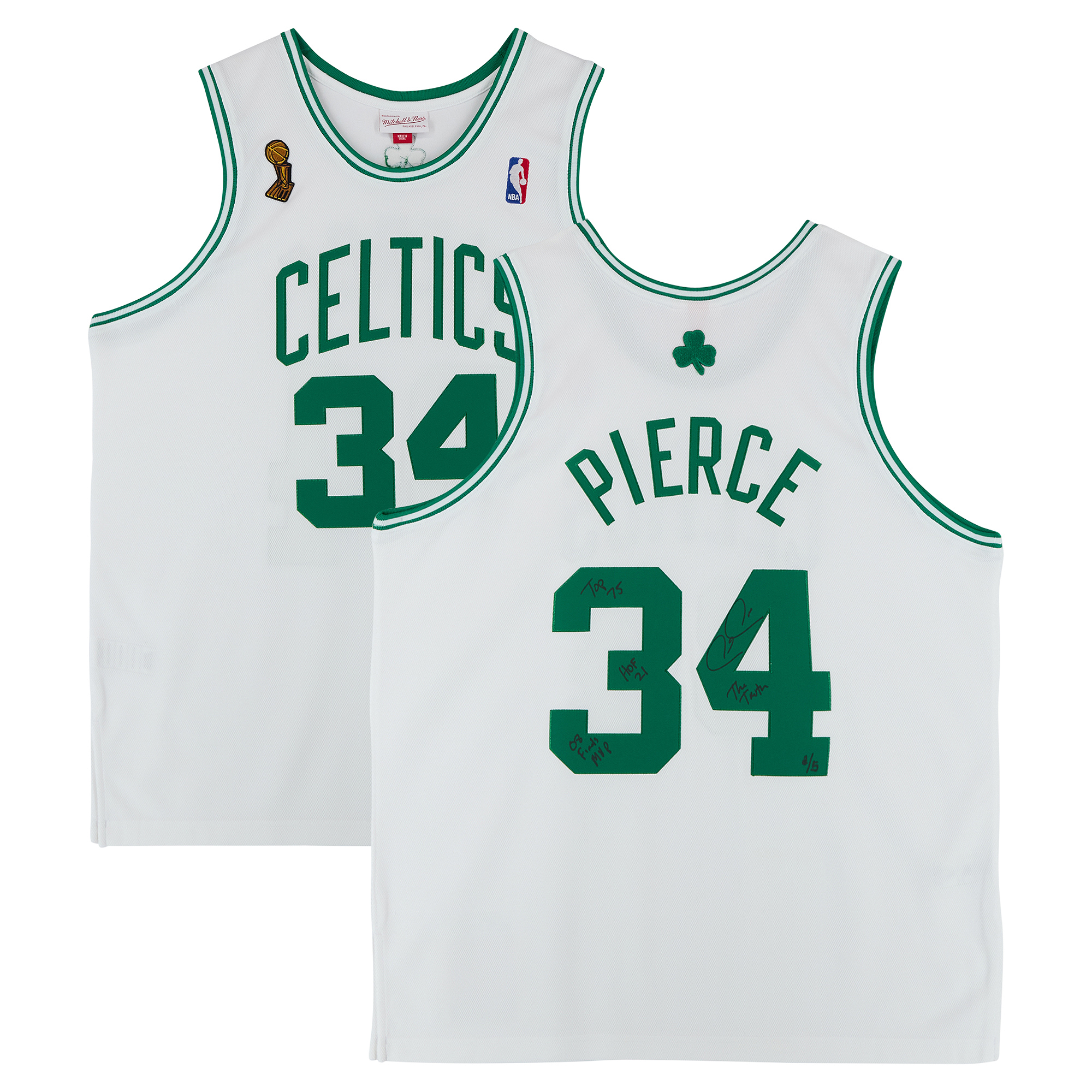 Paul Pierce Boston Celtics Autographed White Mitchell & Ness 2007 Authentic Jersey with Finals Patch with Multiple Inscriptions - Limited Edition of 5