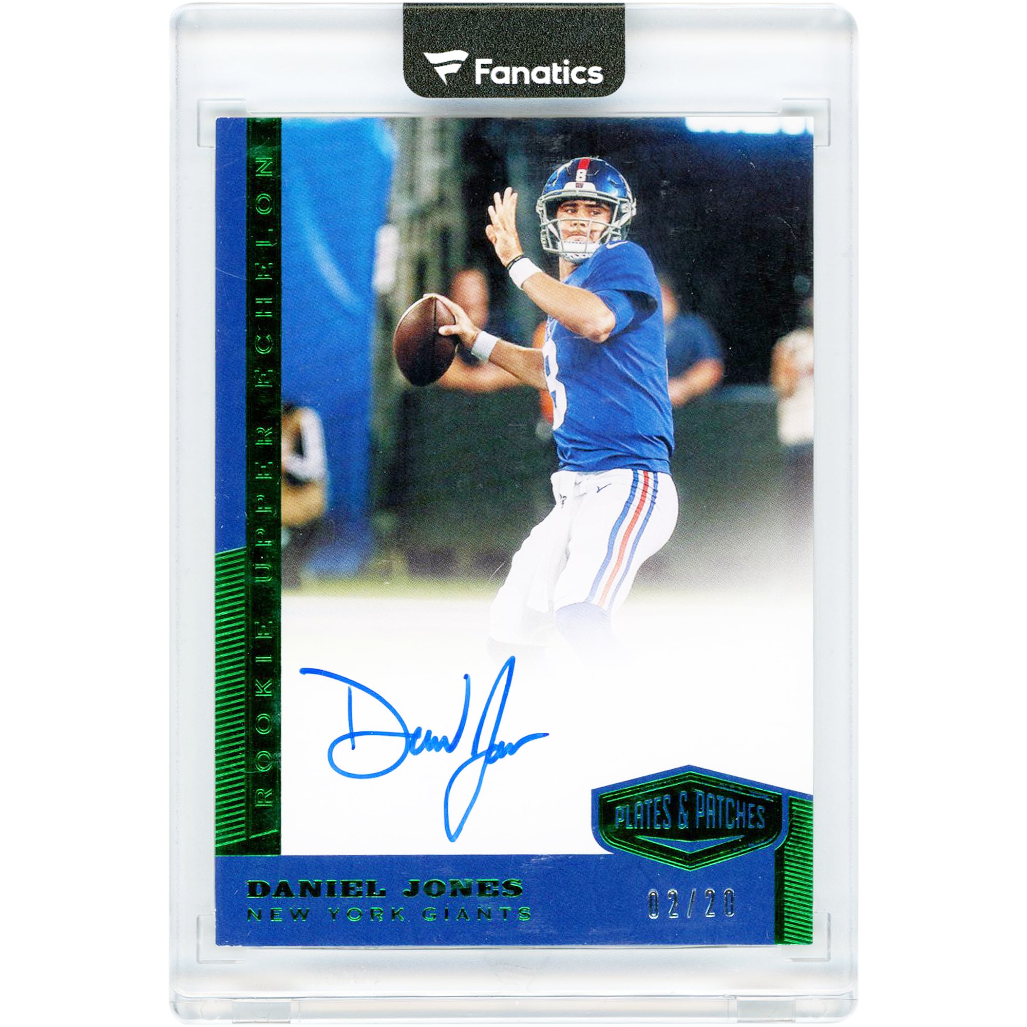 Daniel Jones New York Giants Autographed 2019 Panini Plates & Patches Rookie Upper Echelon #UE-DJO #2/20 Rookie Card. rookie card picture