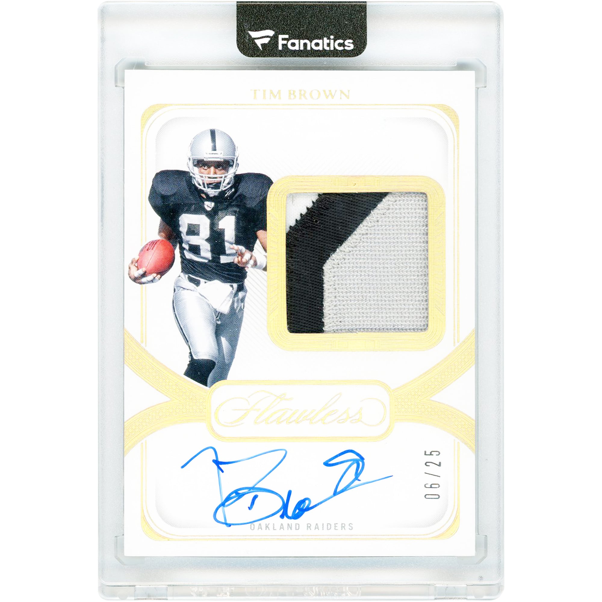 Tim Brown Oakland Raiders Autographed 2024 Panini Flawless Tri-Color Relic Gold #DPA-TBN #6/25 Card