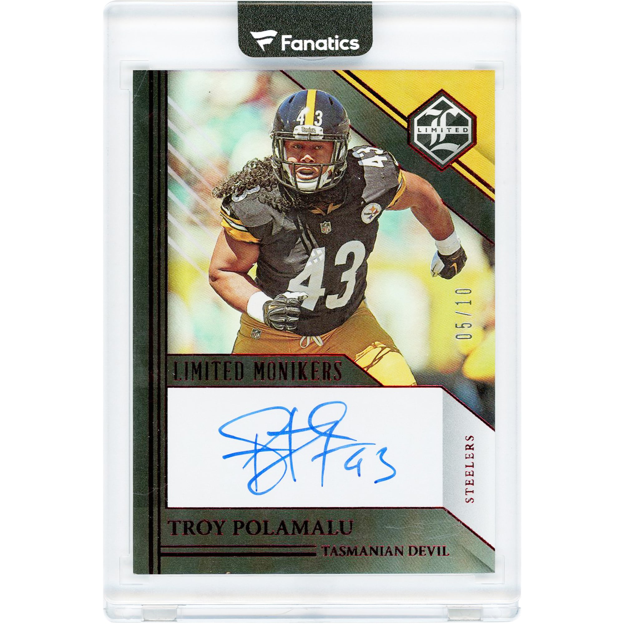 Tarjeta autografiada de Troy Polamalu de los Pittsburgh Steelers, edición limitada Panini 2023 #MON-TPO #5/10