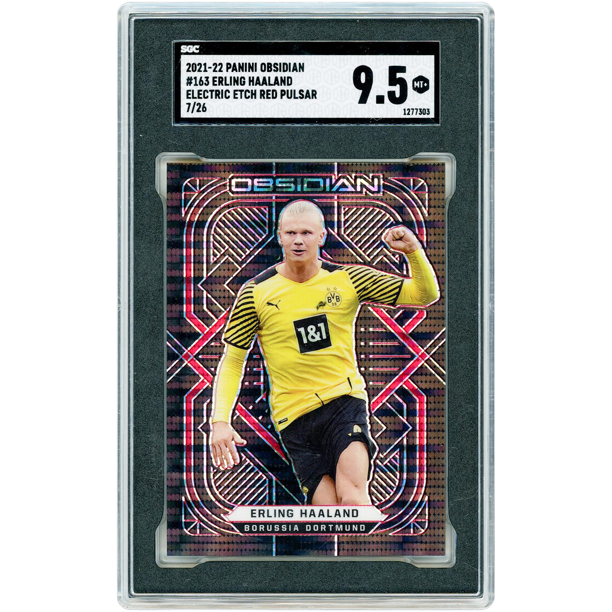 Erling Haaland Borussia Dortmund 2021-22 Panini Obsidian Electric Etch Red Pulsar #163 #7/26 SGC Authenticated 9.5 Card. rookie card picture