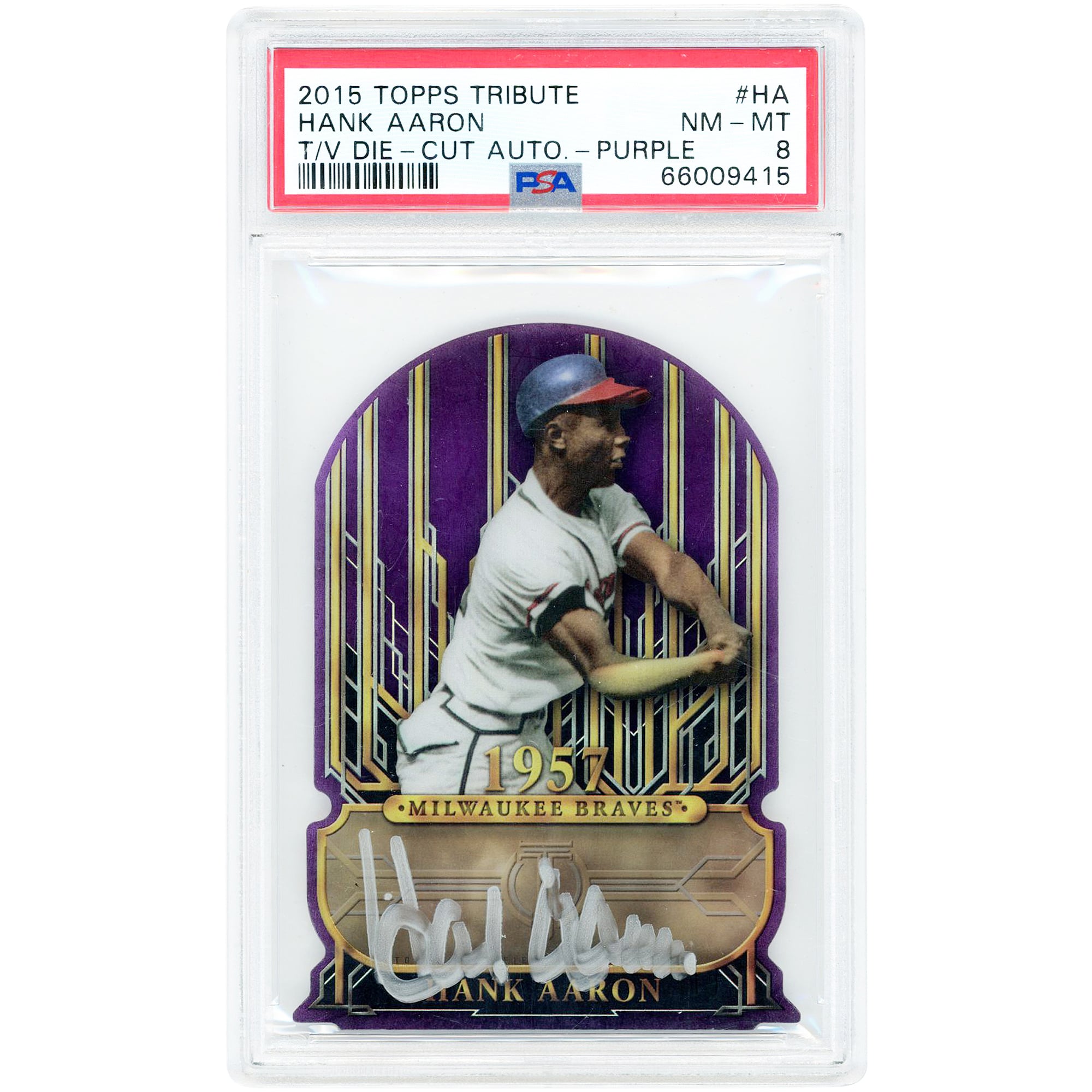 Hank Aaron Milwaukee Braves Autographed 2015 Topps Tribute Purple Die Cut Silver Ink #HA #3/10 PSA Authenticated 8 Card