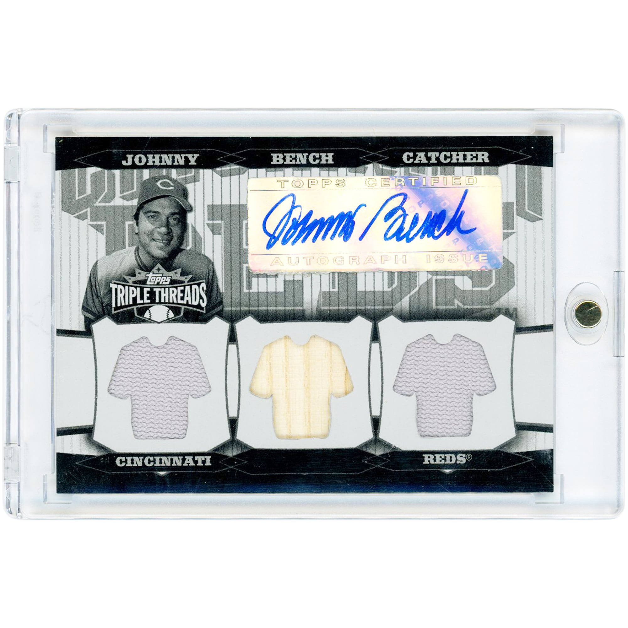 Tarjeta autografiada de Johnny Bench de los Cincinnati Reds de 2006, Topps Triple Threads Multi Game Used Relic White Whale #221 #1/1