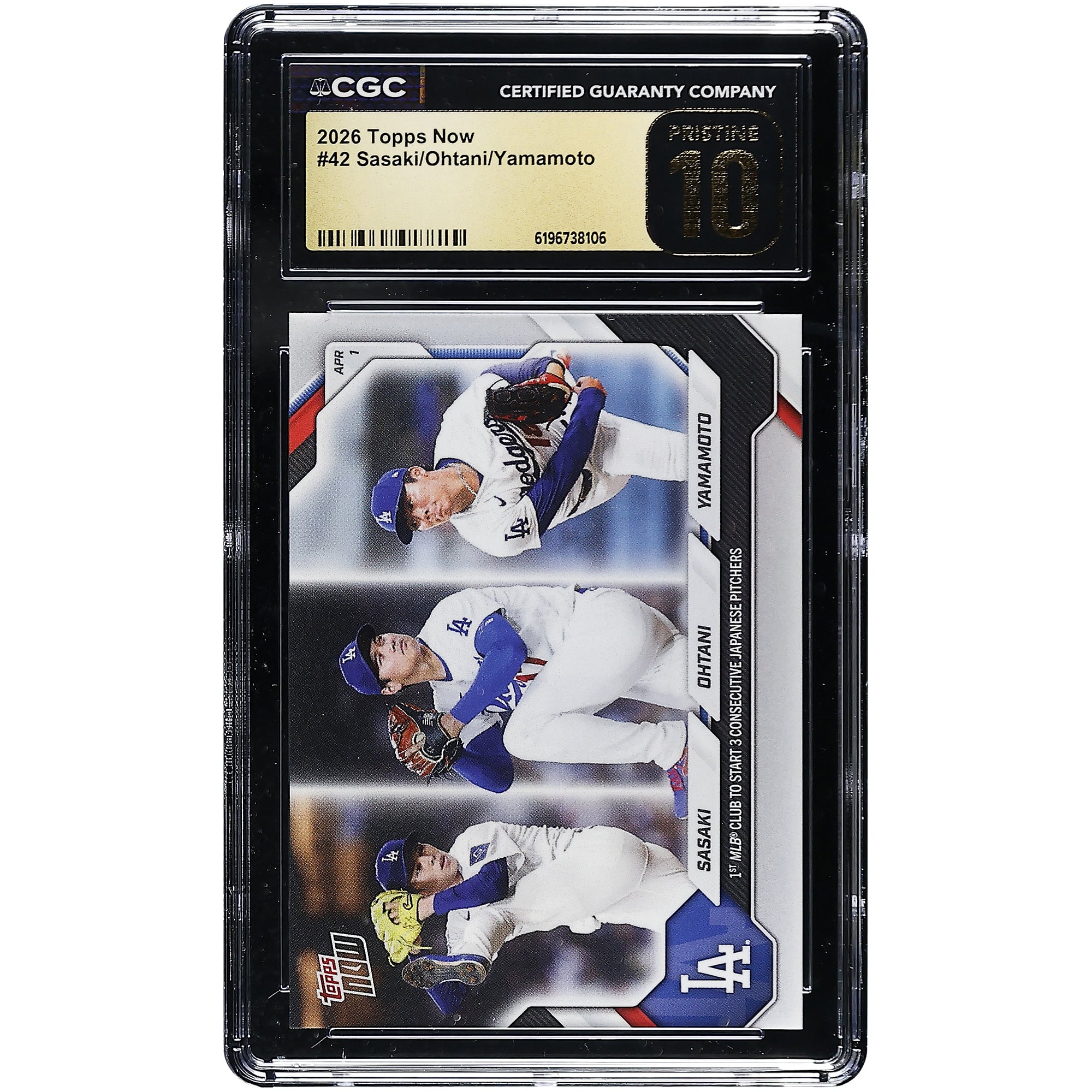 Yoshinobu Yamamoto, Shohei Ohtani y Roki Sasaki Los Angeles Dodgers 2026 Topps Now Primer club de la MLB en alinear a 3 lanzadores japoneses consecutivos #42 Autenticado por CGC Tarjeta PRISTINE 10